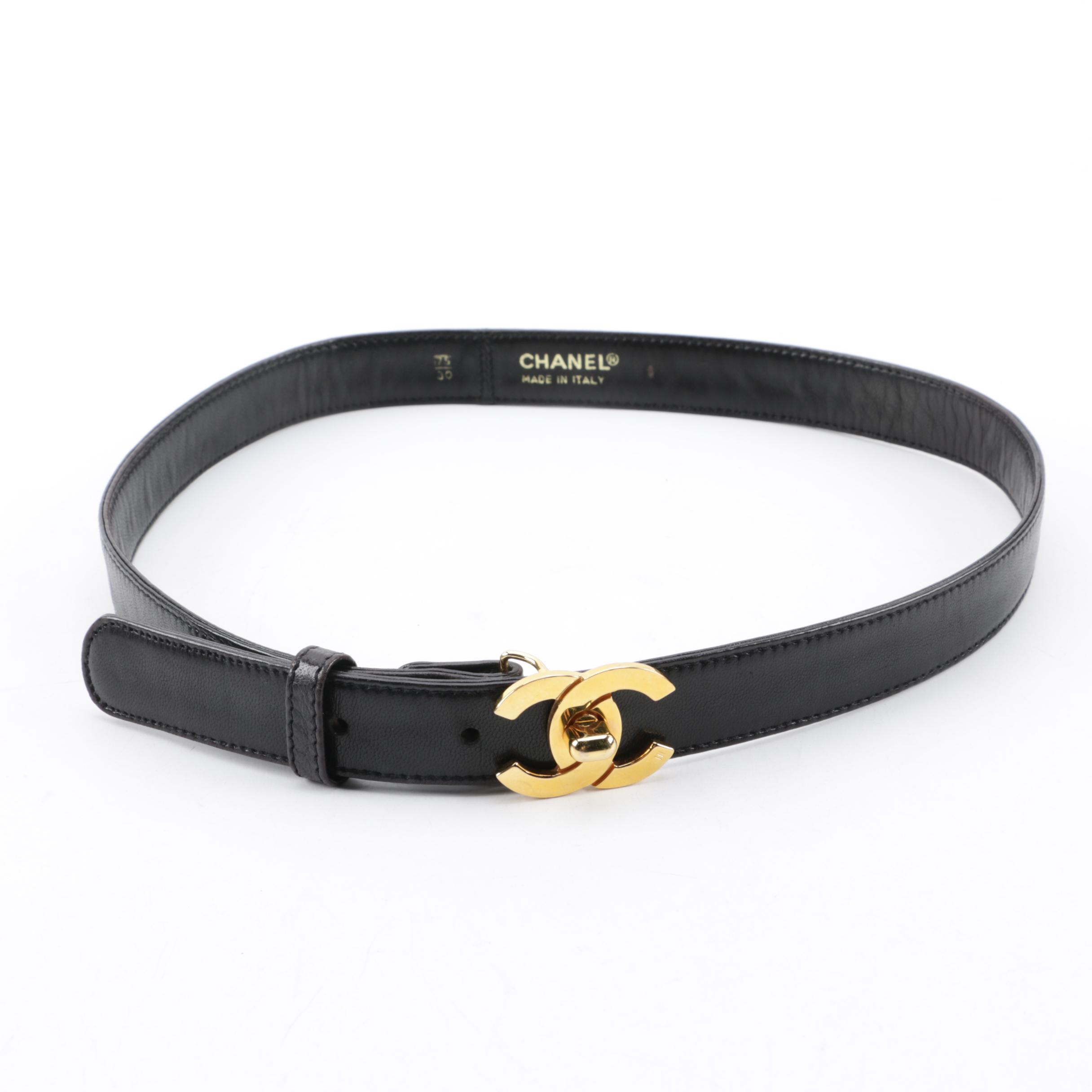 Chanel Black Lambskin Leather Belt with Gold Tone CC Turn Lock Buckle