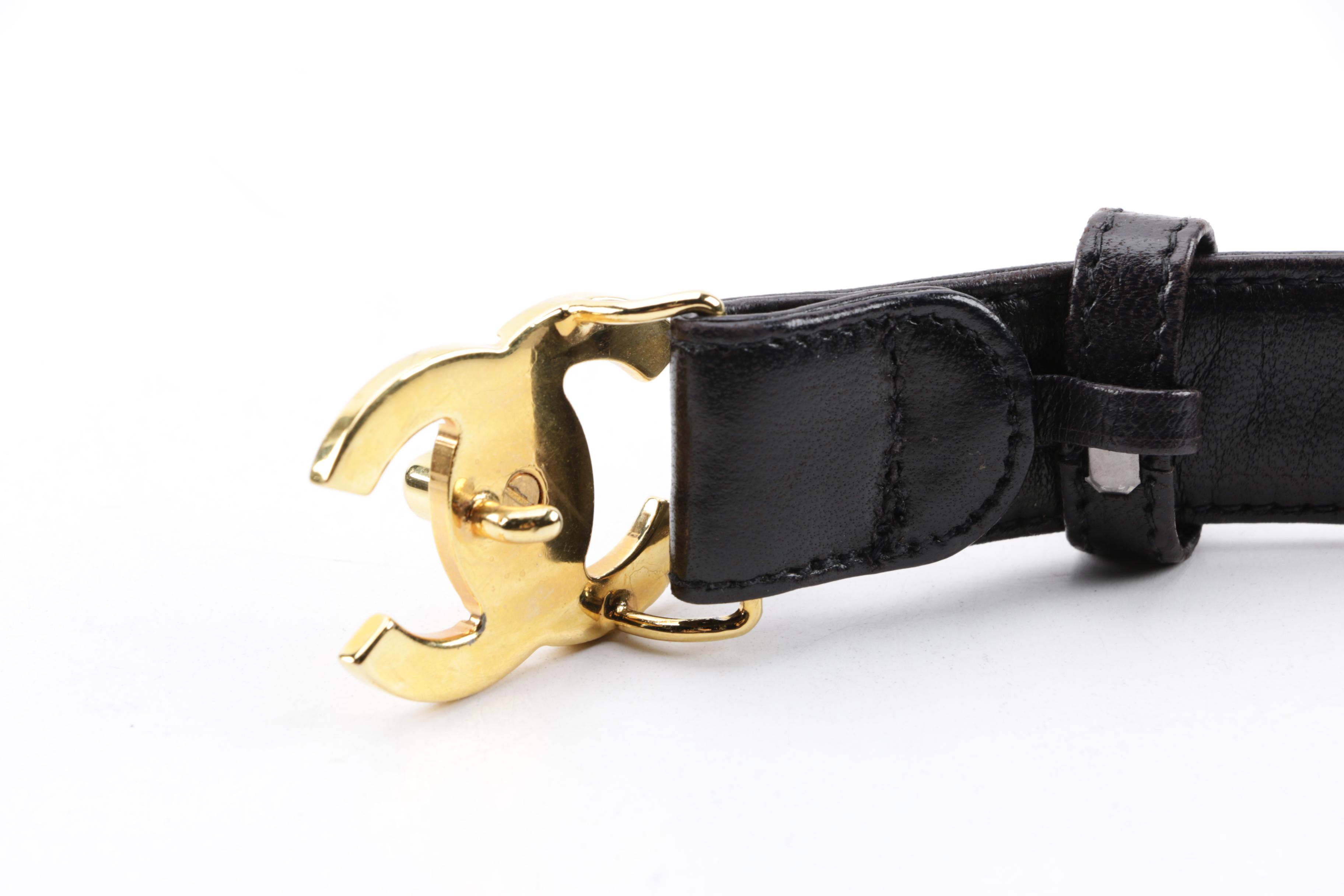 Chanel Black Lambskin Leather Belt with Gold Tone CC Turn Lock Buckle