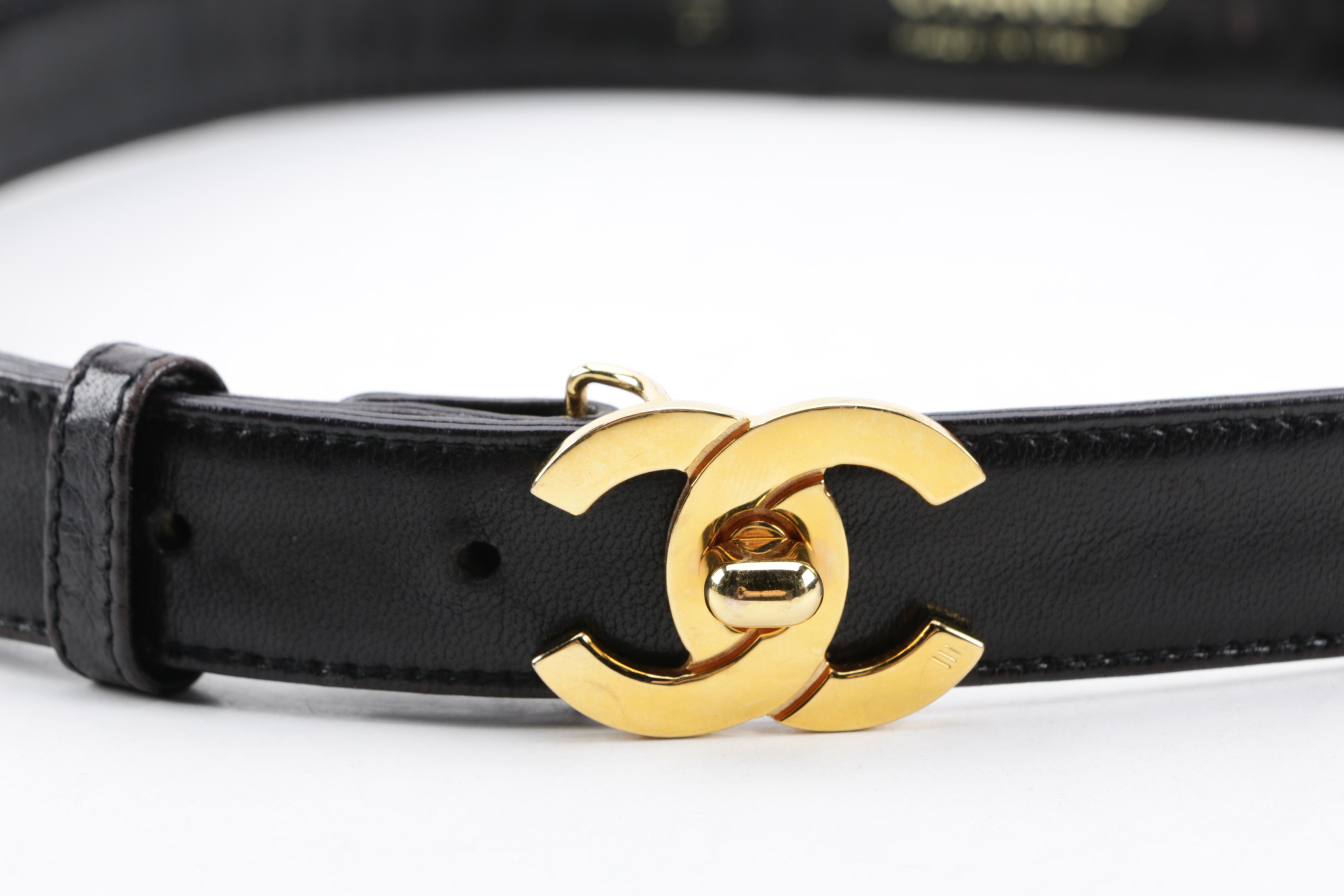 Chanel Black Lambskin Leather Belt with Gold Tone CC Turn Lock Buckle