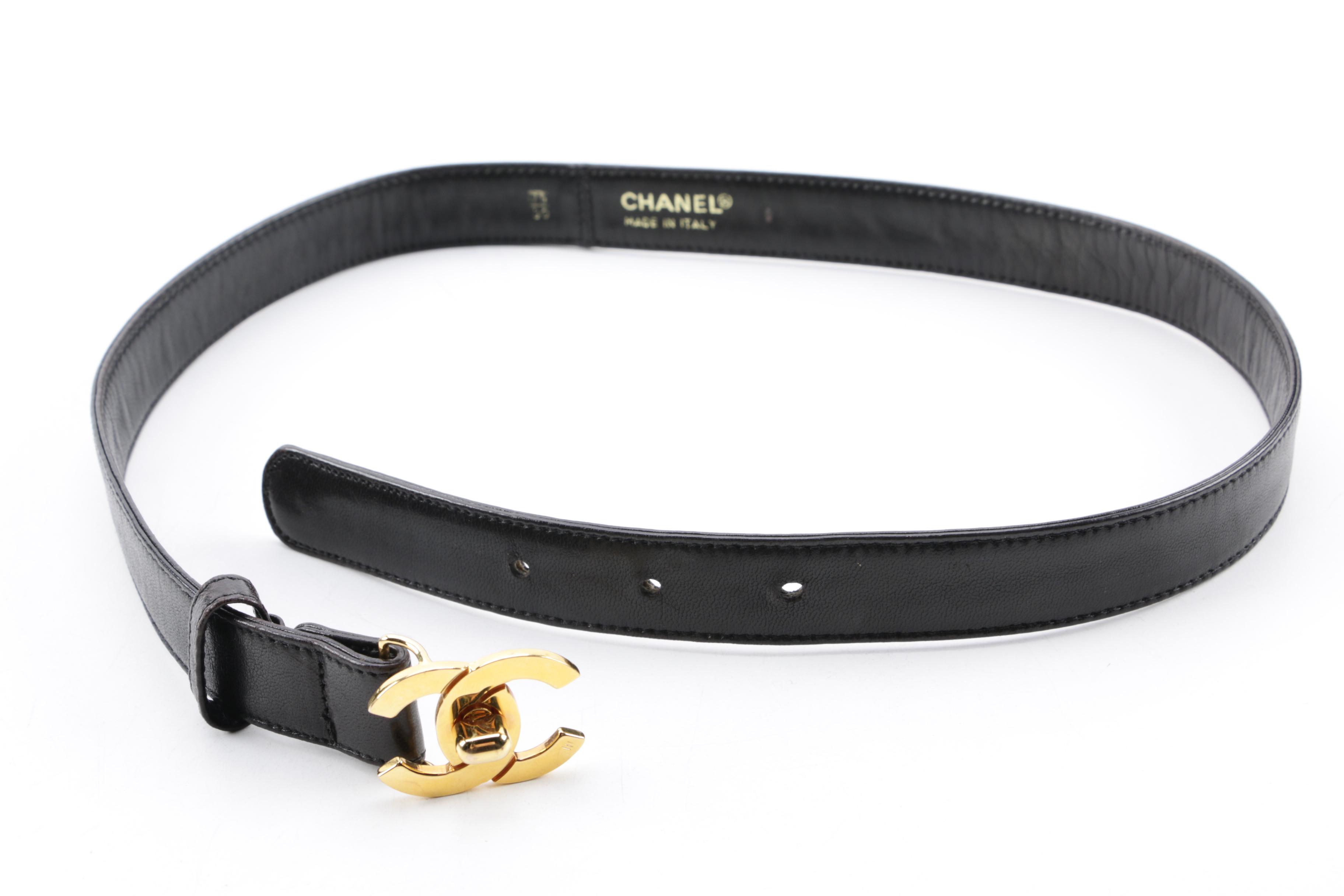 Chanel Black Lambskin Leather Belt with Gold Tone CC Turn Lock Buckle