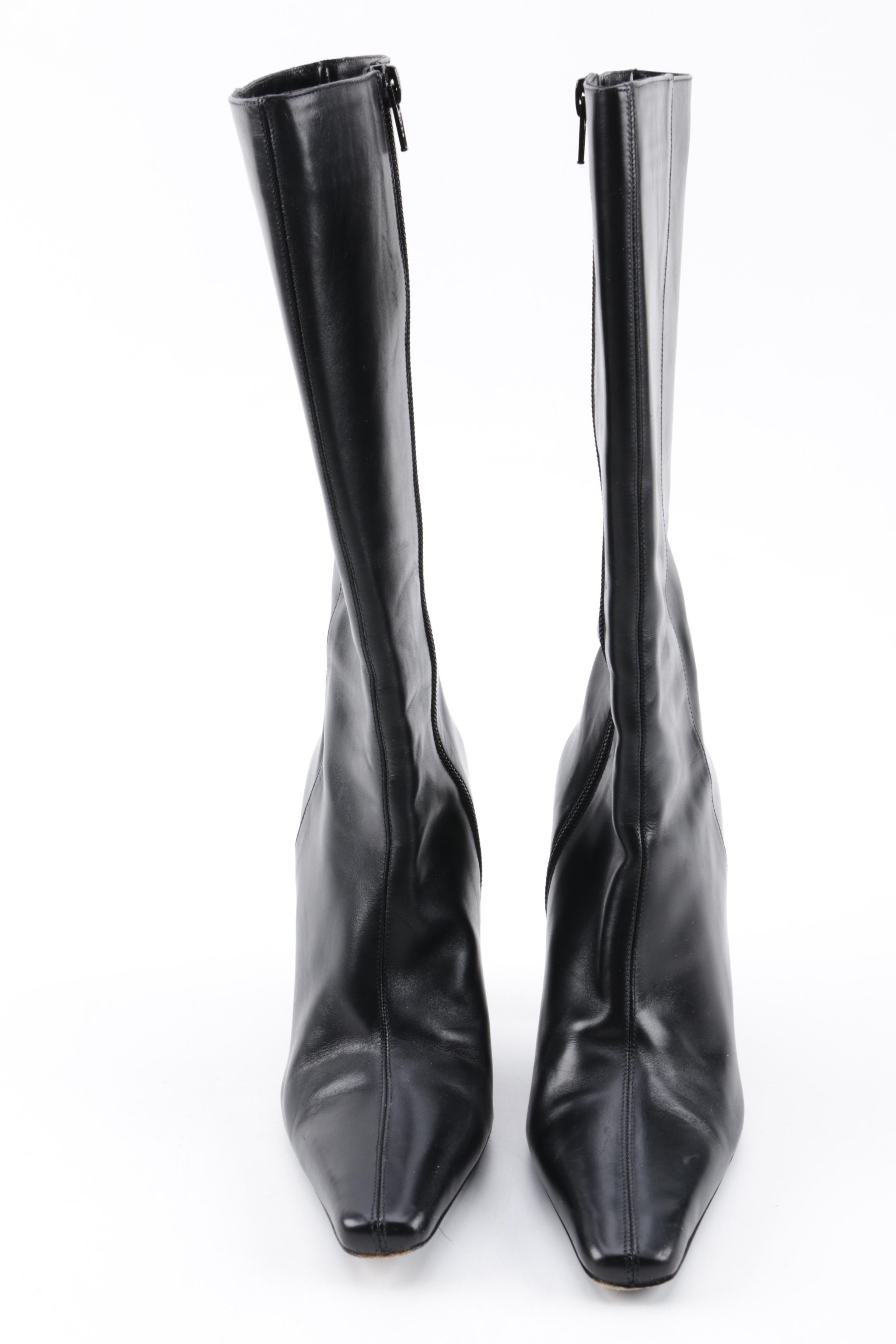 Women's Via Spiga Glame Black Leather Pointed Toe Heeled Tall Boots