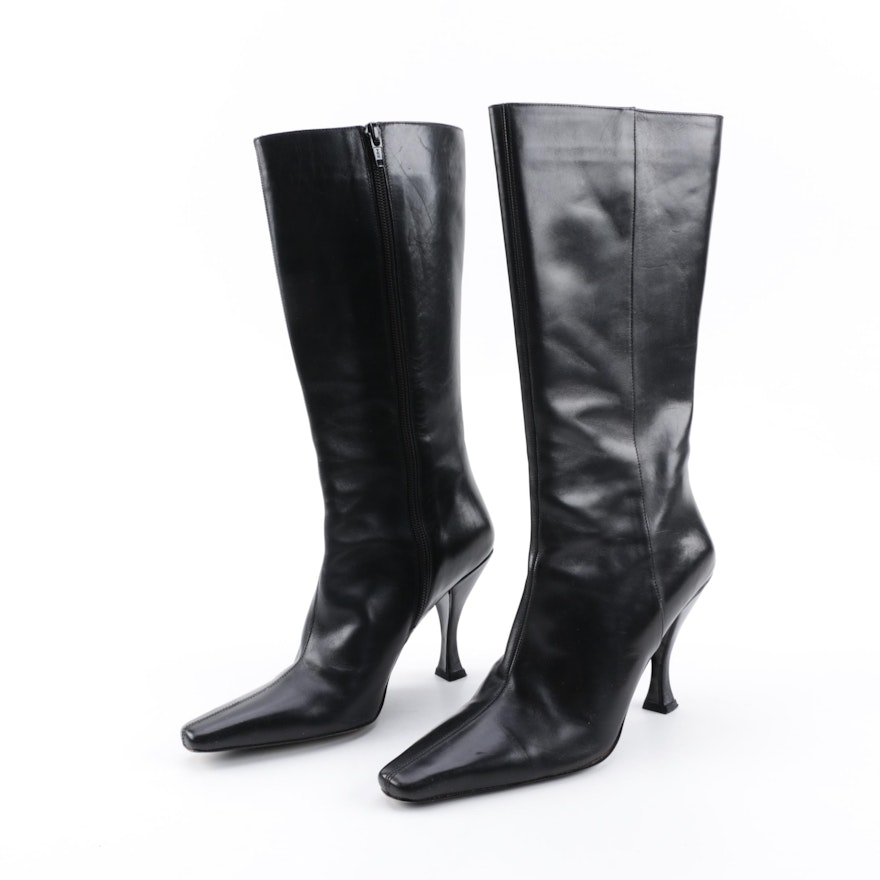 Women's Via Spiga Glame Black Leather Pointed Toe Heeled Tall Boots