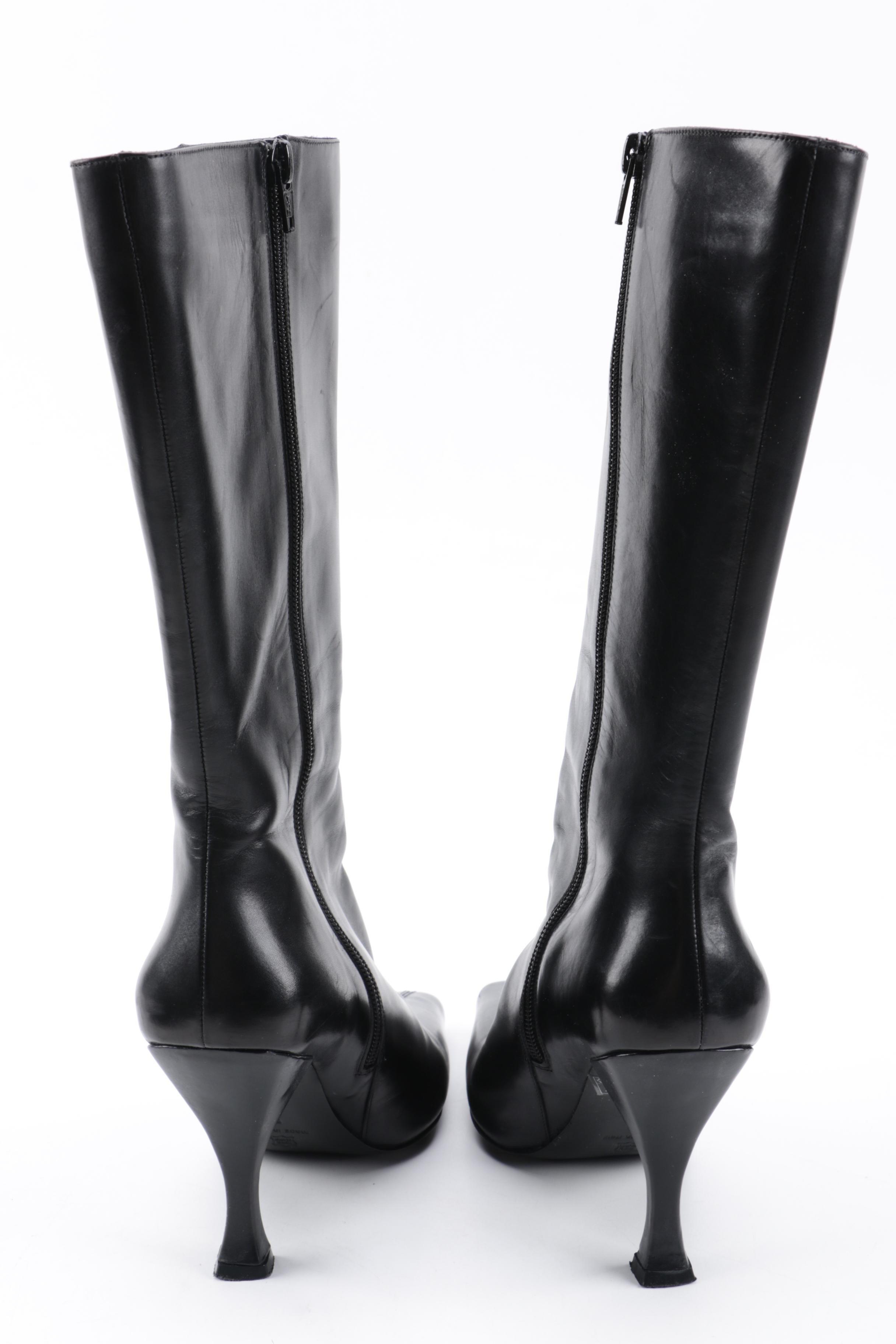 Women's Via Spiga Glame Black Leather Pointed Toe Heeled Tall Boots