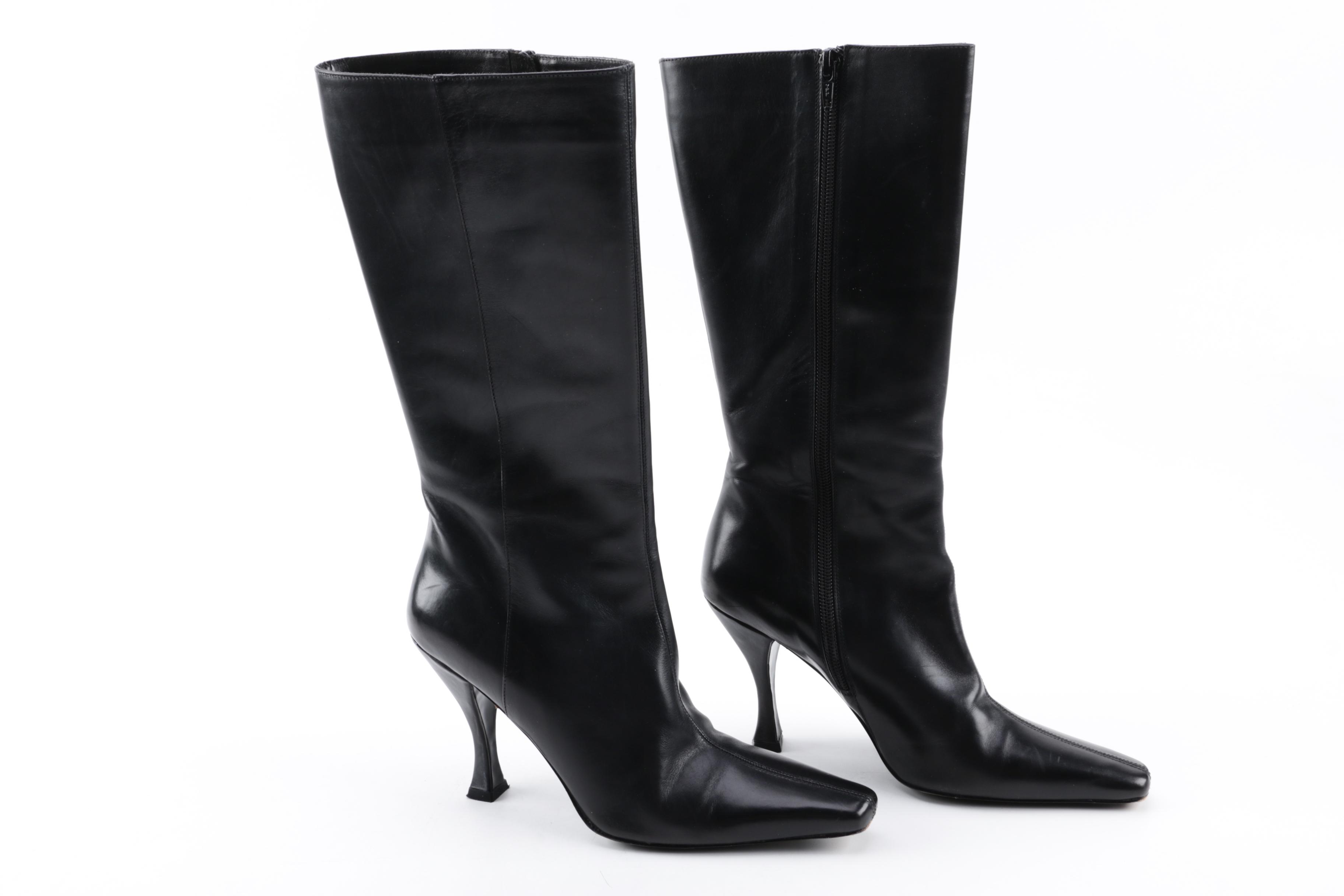 Women's Via Spiga Glame Black Leather Pointed Toe Heeled Tall Boots