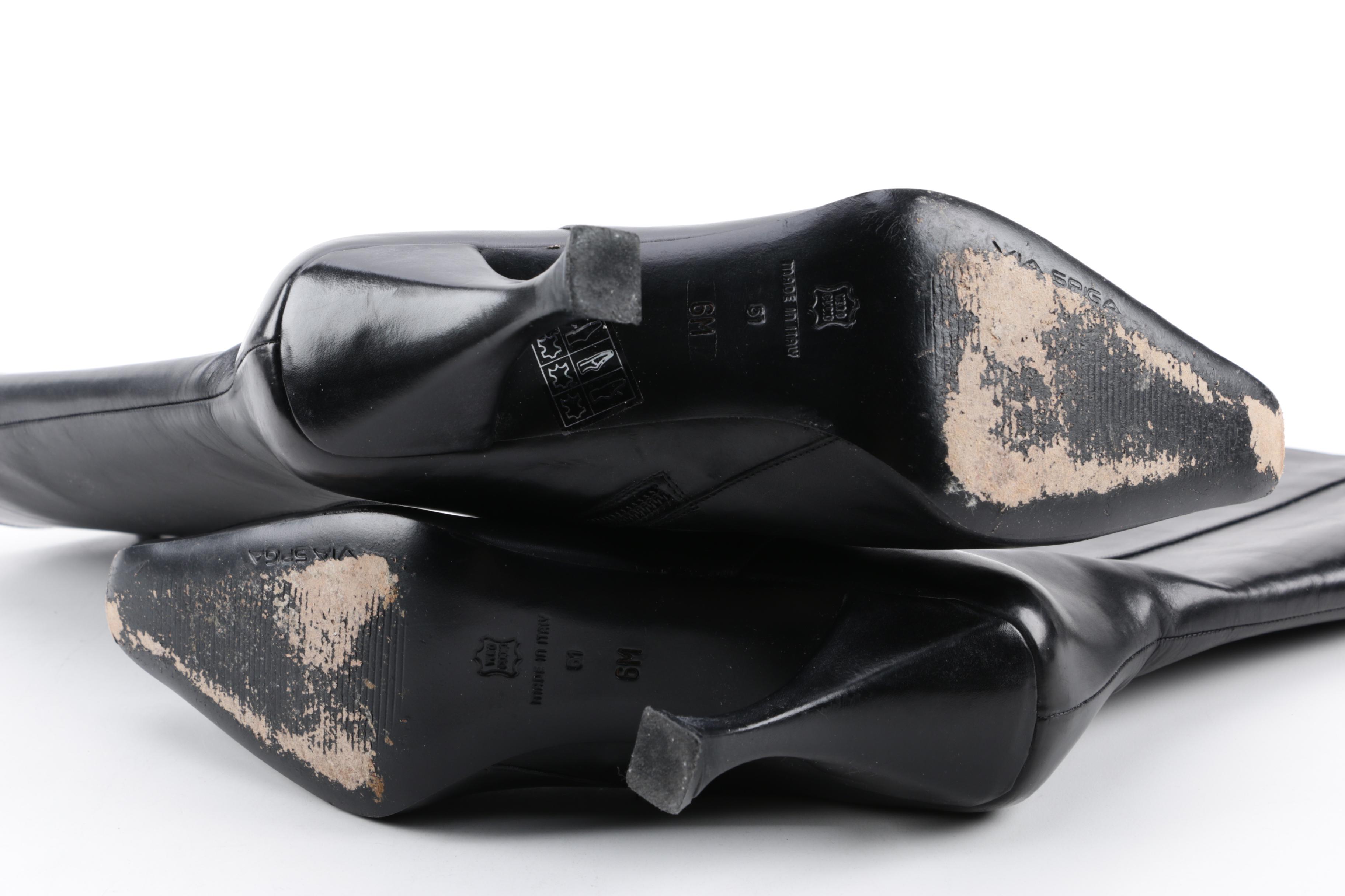 Women's Via Spiga Glame Black Leather Pointed Toe Heeled Tall Boots