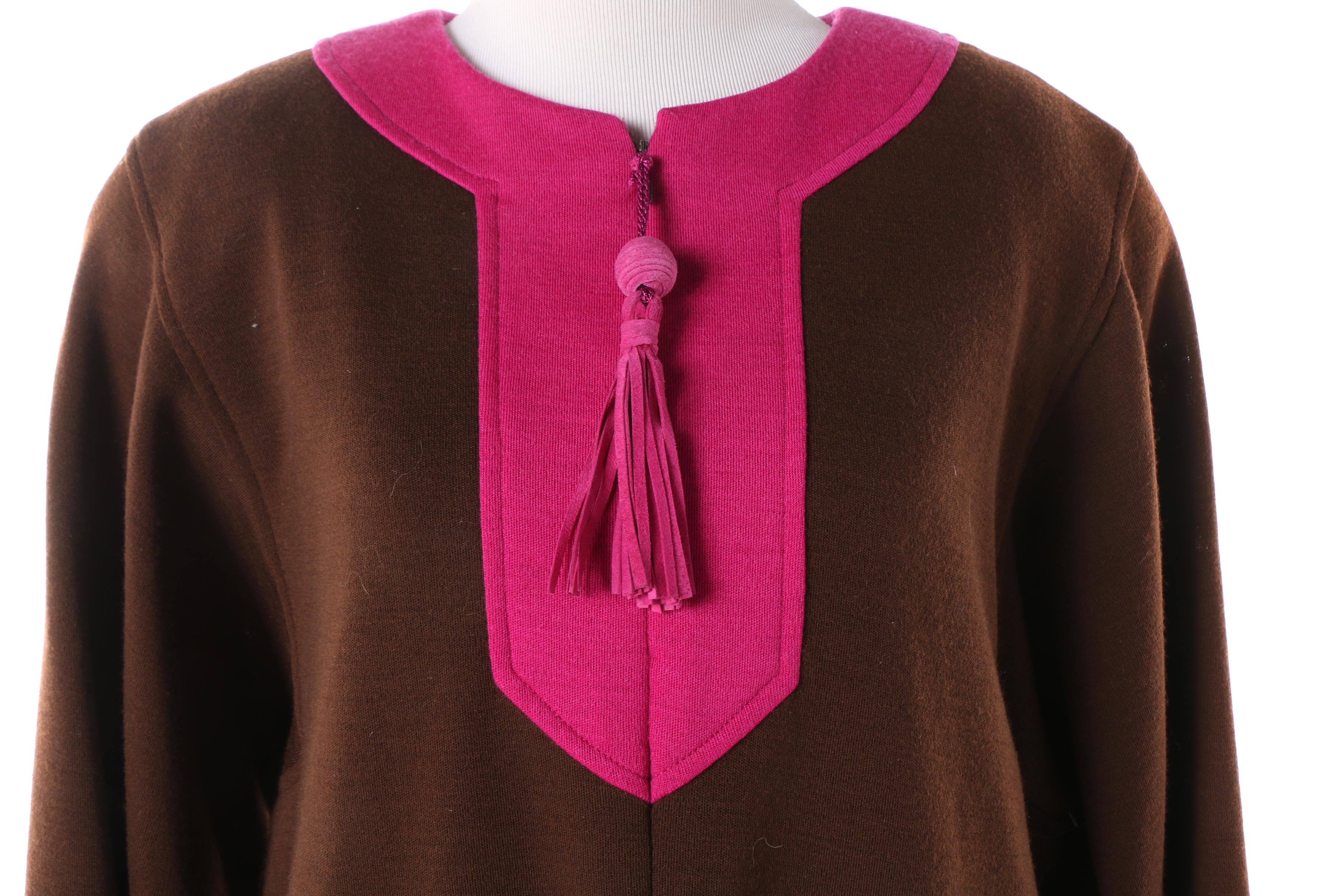 Women's 1980s Oscar de la Renta Brown and Fuchsia Tunic-Style Shift Dress