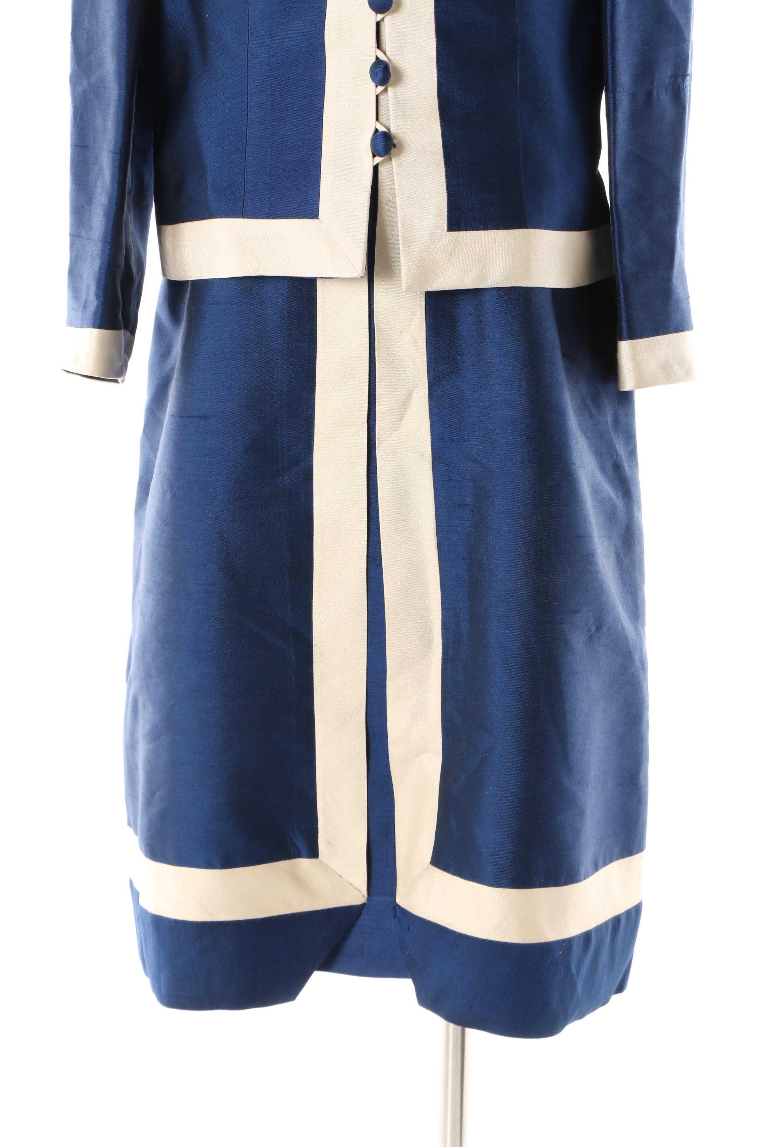 Vintage Mocambo, Inc. Blue and Off-White Silk Mod Dress Suit