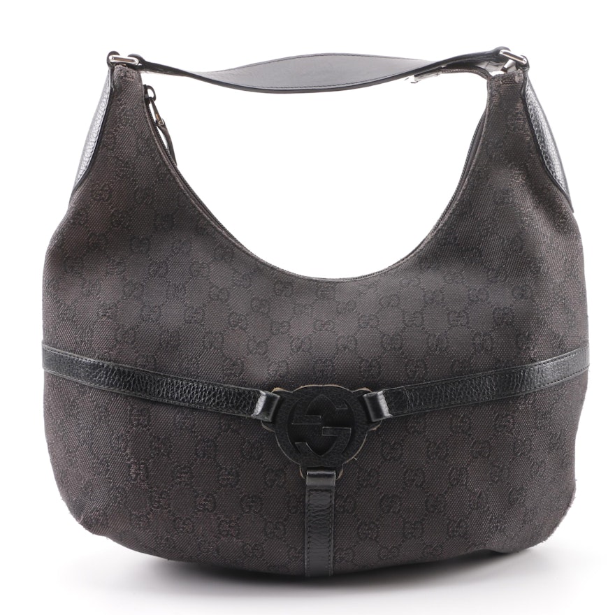 Gucci Dark Brown GG Canvas and Leather Reins Hobo Bag