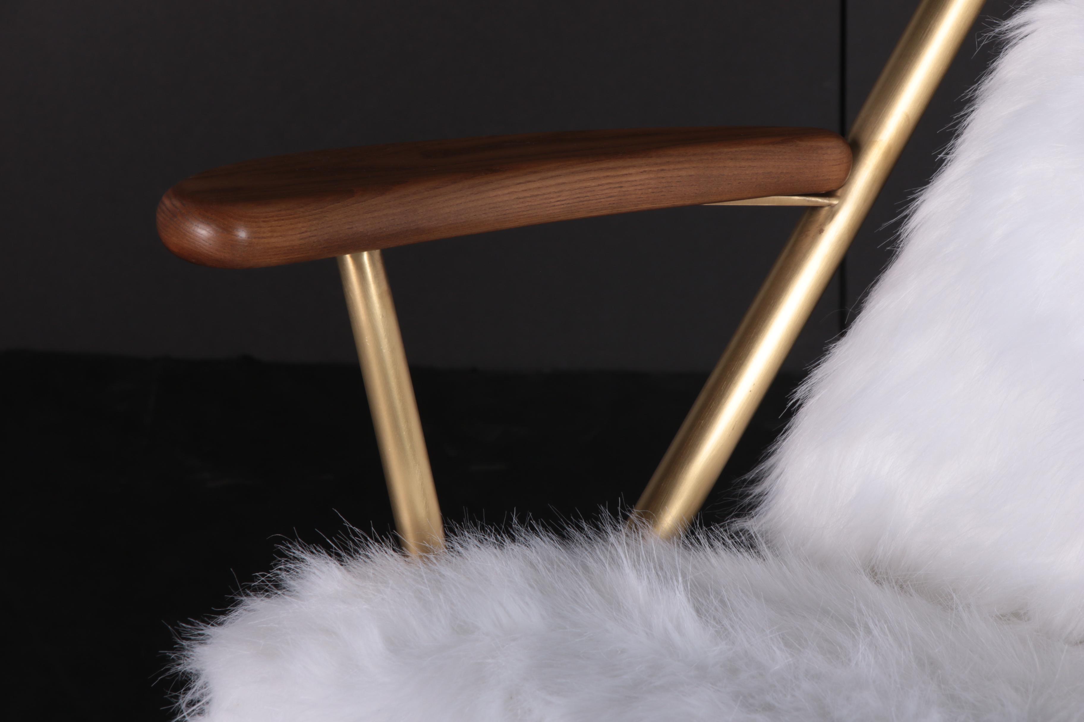 Danish Modern Style "Beauvoir" Faux Fur and Metal Lounge Chair & Ottoman, 21st C