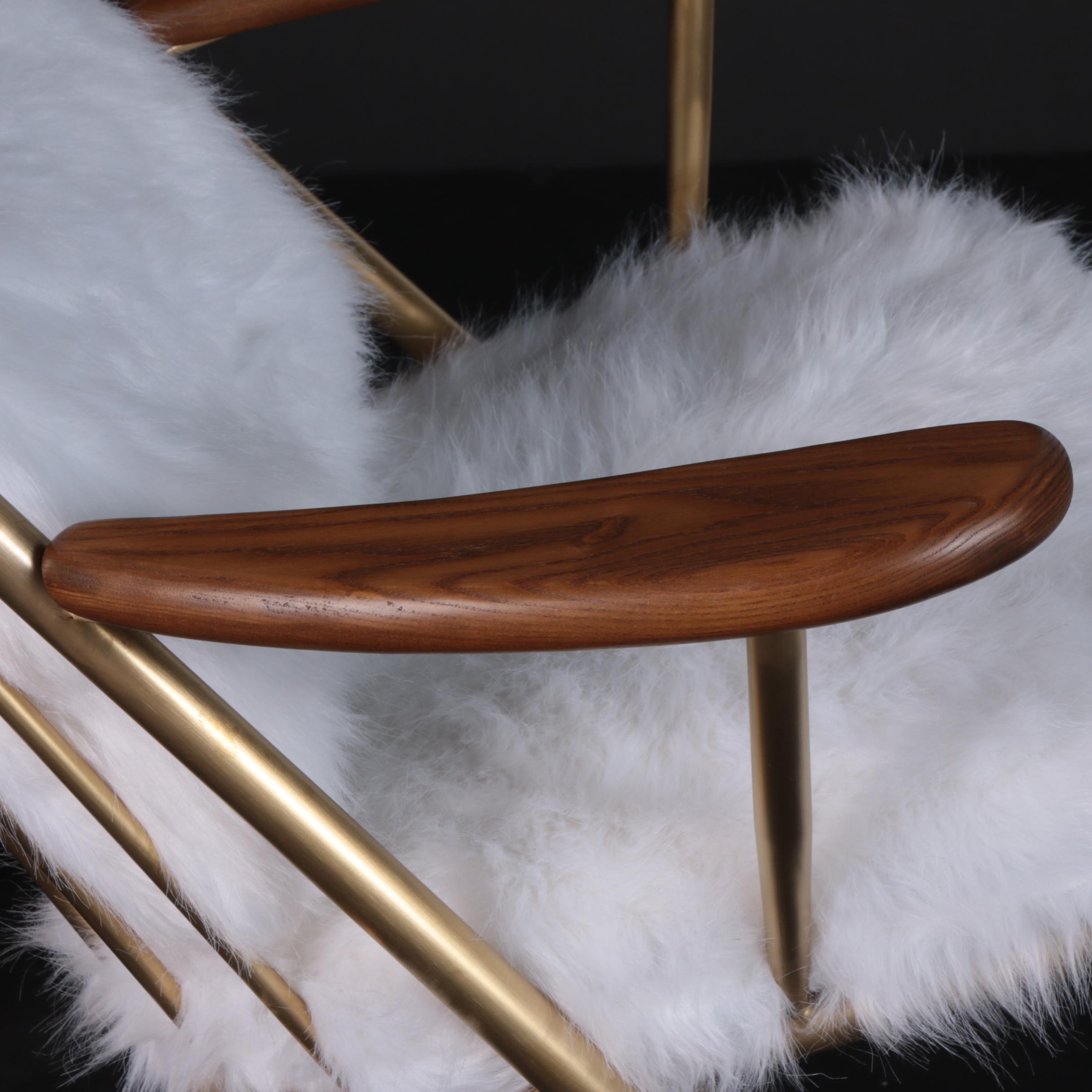 Danish Modern Style "Beauvoir" Faux Fur and Metal Lounge Chair & Ottoman, 21st C