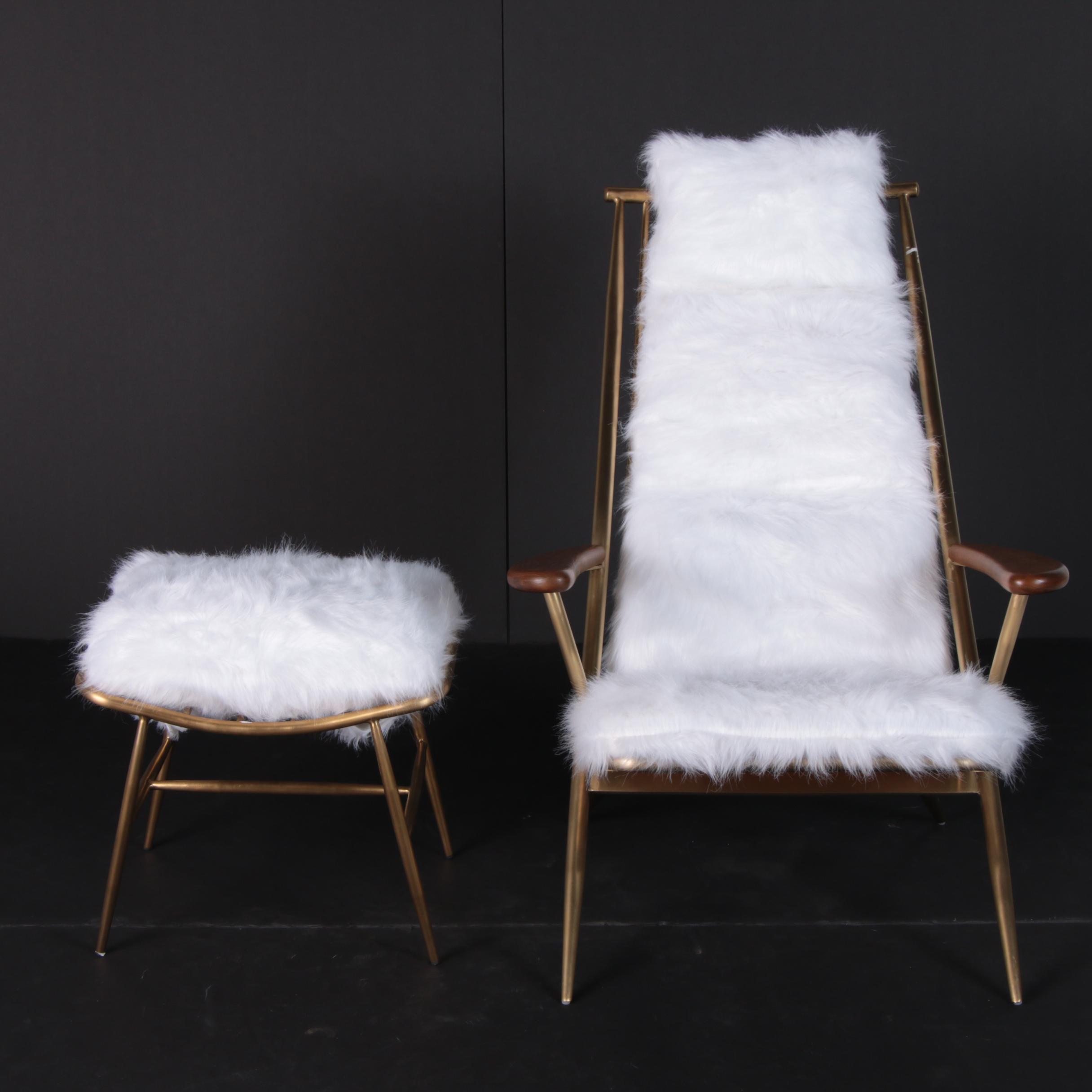 Danish Modern Style "Beauvoir" Faux Fur and Metal Lounge Chair & Ottoman, 21st C