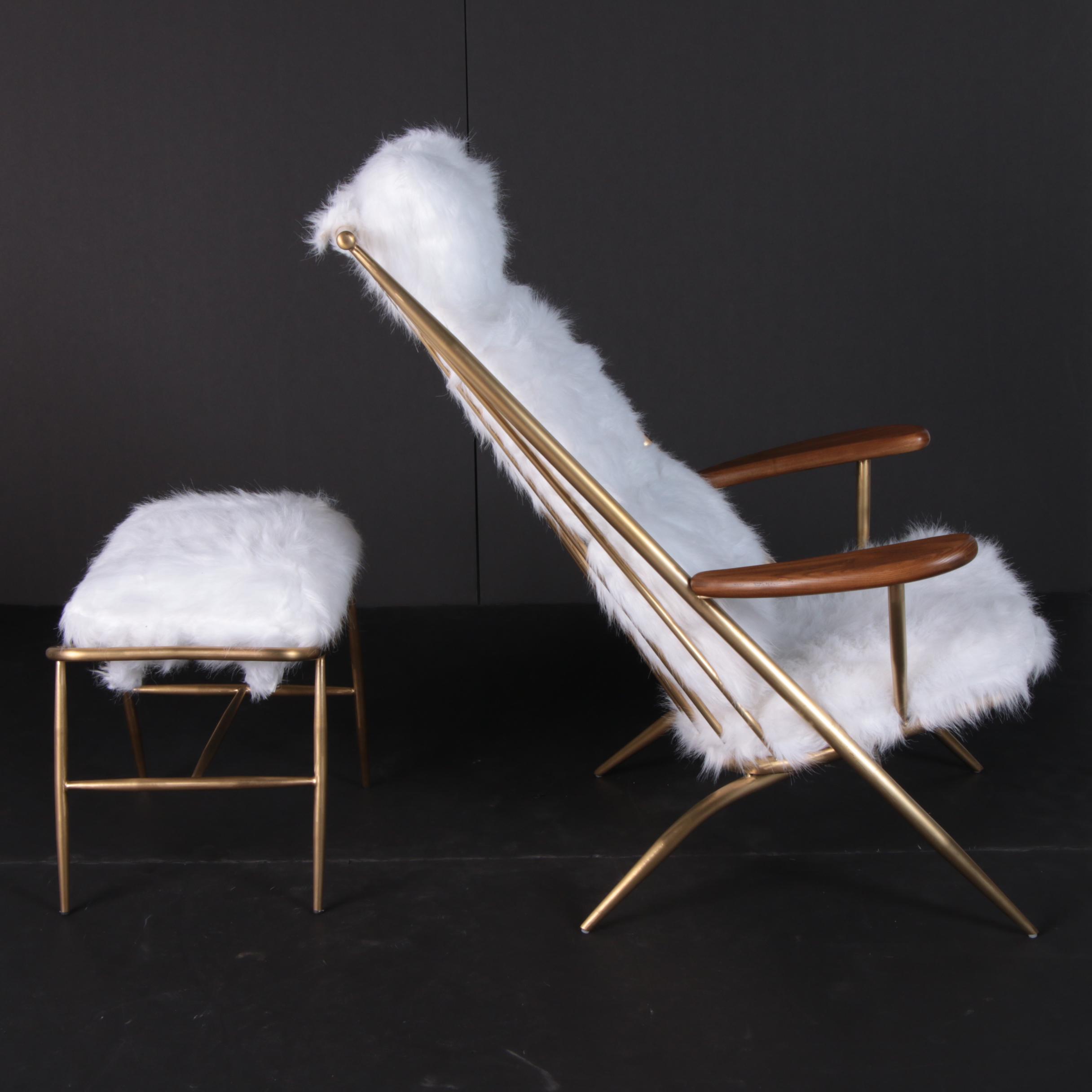 Danish Modern Style "Beauvoir" Faux Fur and Metal Lounge Chair & Ottoman, 21st C