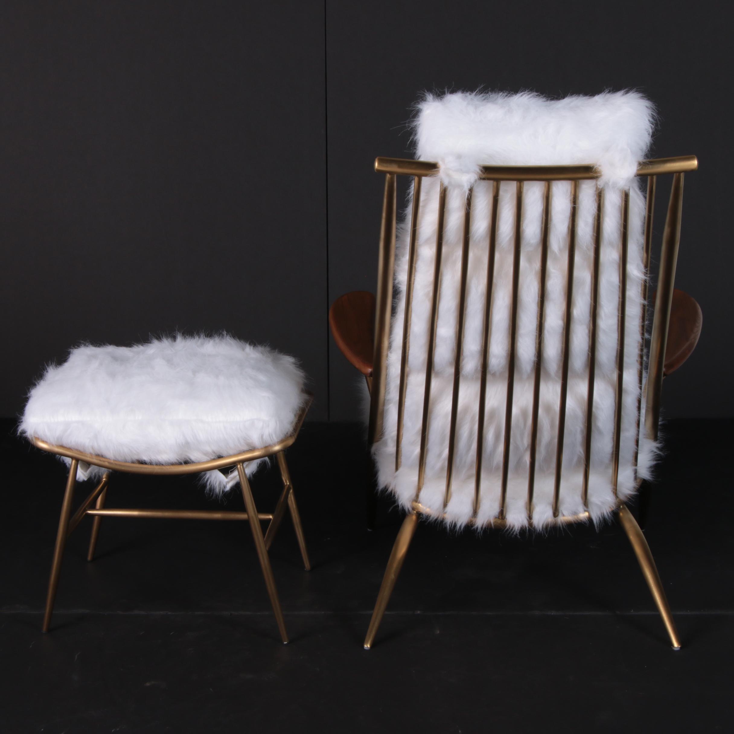 Danish Modern Style "Beauvoir" Faux Fur and Metal Lounge Chair & Ottoman, 21st C