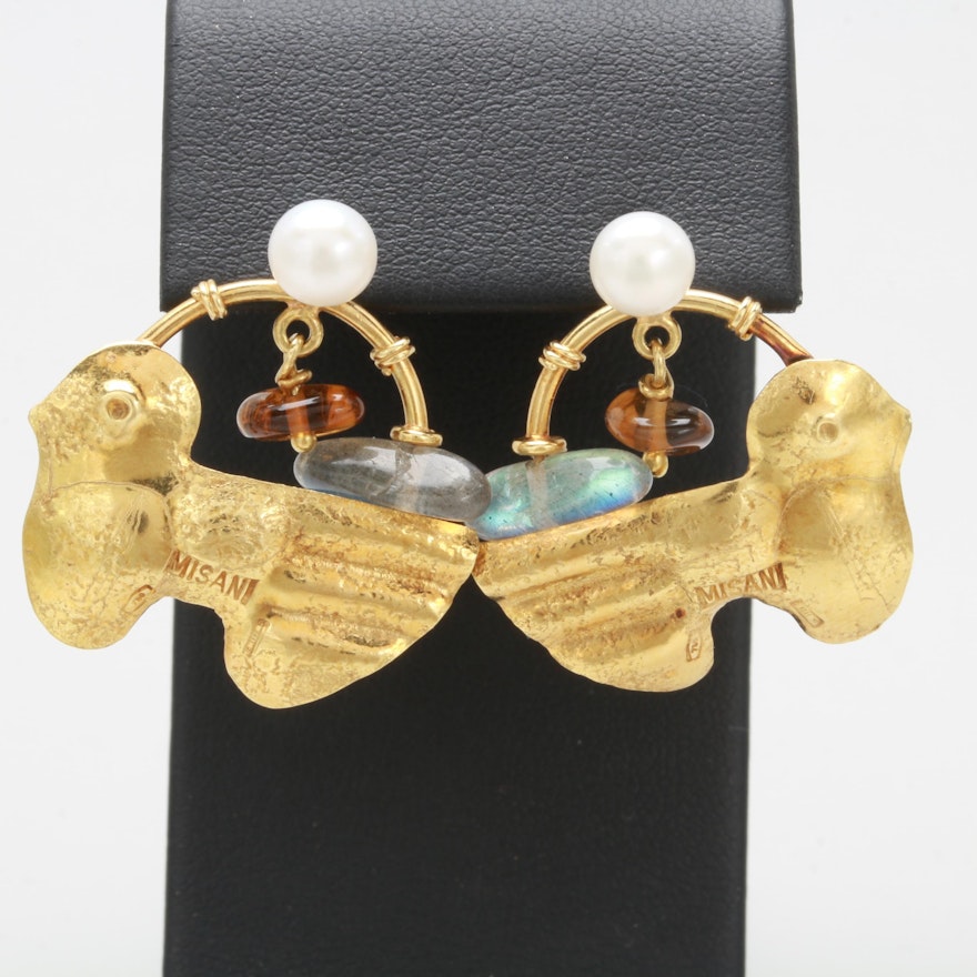 18K Gold and Sterling Cultured Pearl, Labradorite and Citrine Earrings