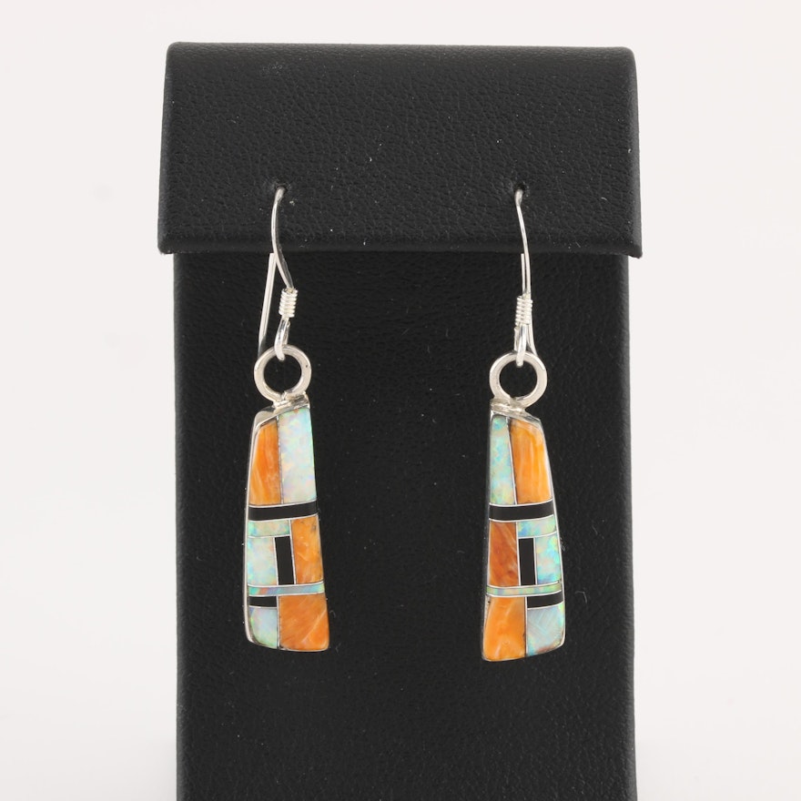 Southwestern Style Sterling Silver Multiple Spiny Oyster Shell Inlay Earrings