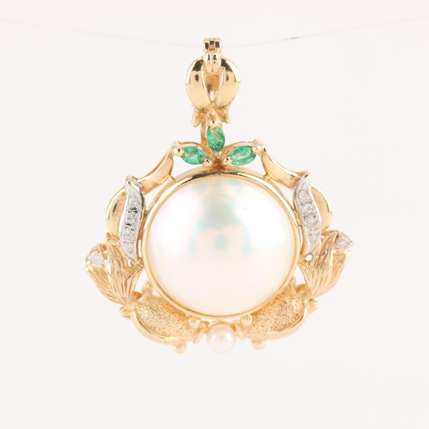 14K Yellow Gold Cultured Pearl, Emerald, and Diamond Enhancer Pendant