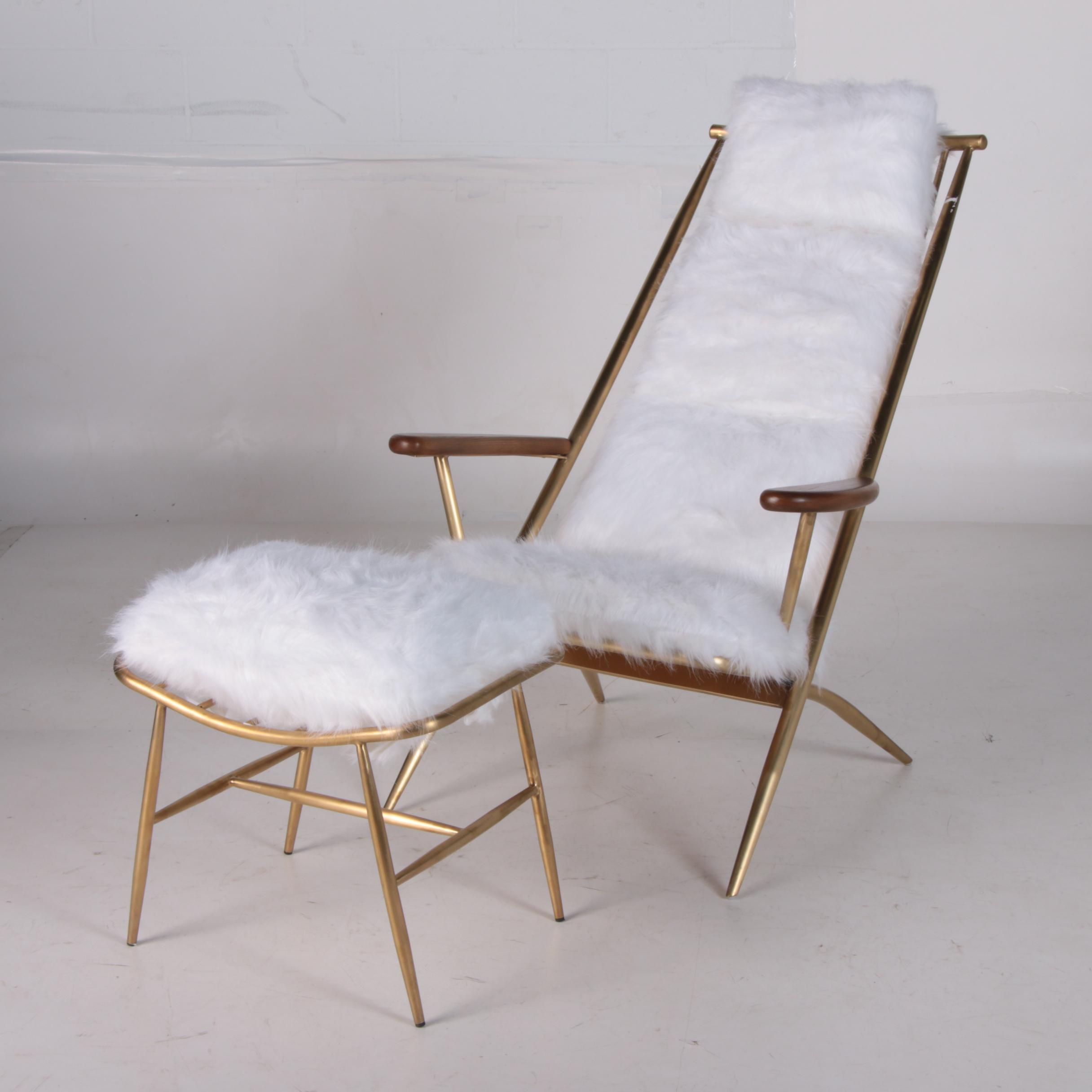 Danish Modern Style "Beauvoir" Faux Fur and Metal Lounge Chair & Ottoman, 21st C