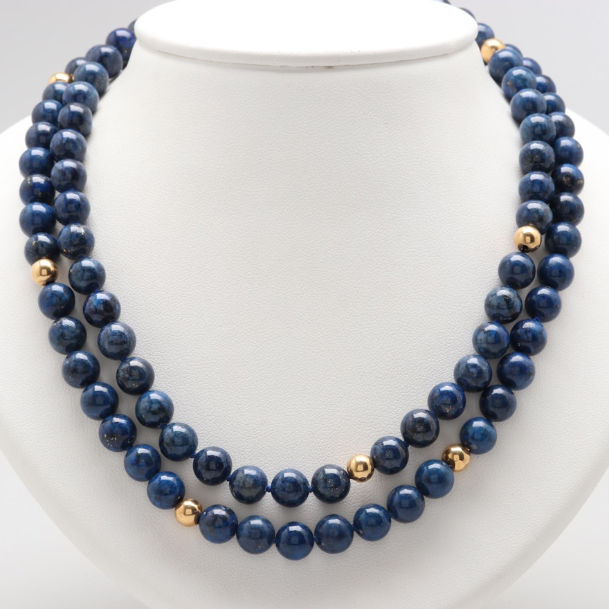 14K Yellow Gold Lapis Lazuli Beaded Necklace