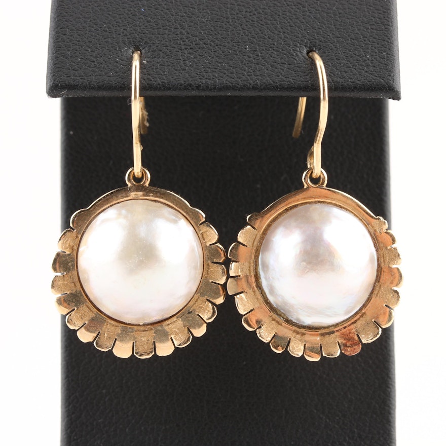 14K Yellow Gold Cultured Mabe Pearl Dangle Earrings