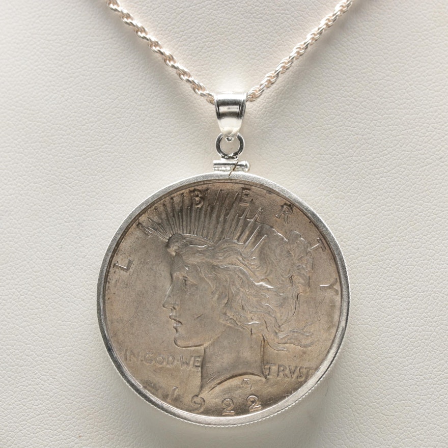 1922 Coin Silver Peace Dollar on a Sterling Silver Bezel and Chain Necklace