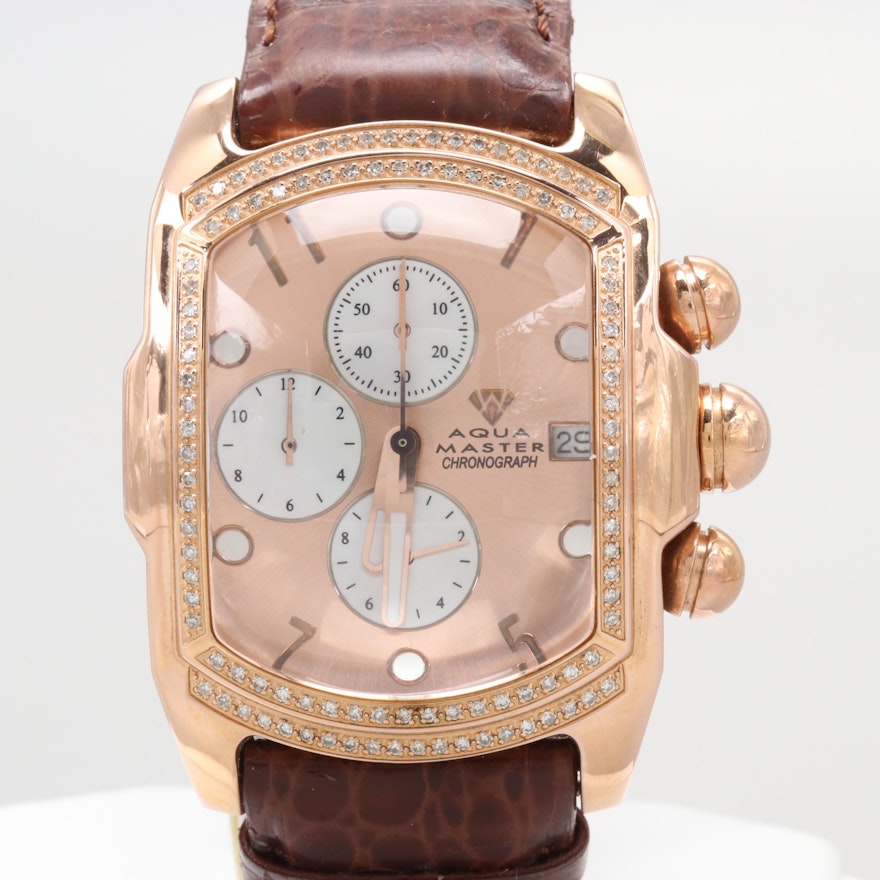 Aqua Master Rose Gold Tone Quartz Chronograph Wristwatch With Diamond Bezel