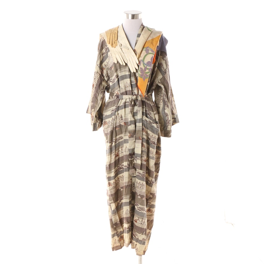 Vintage Japanese Silk and Cotton Blend Robe with Silk Scarf and Leather Gloves