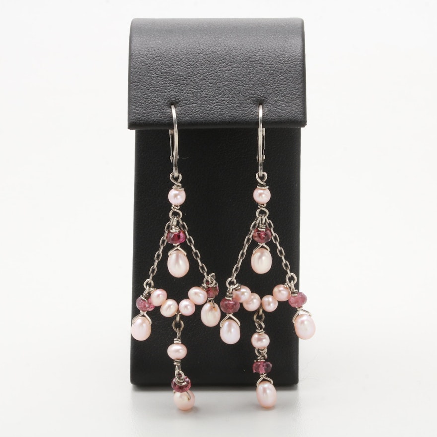 Sterling Silver Cultured Pearl and Garnet Chandelier Earrings