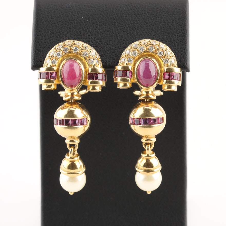 18K Yellow Gold Ruby, Diamond and Cultured Pearl Dangle Earrings