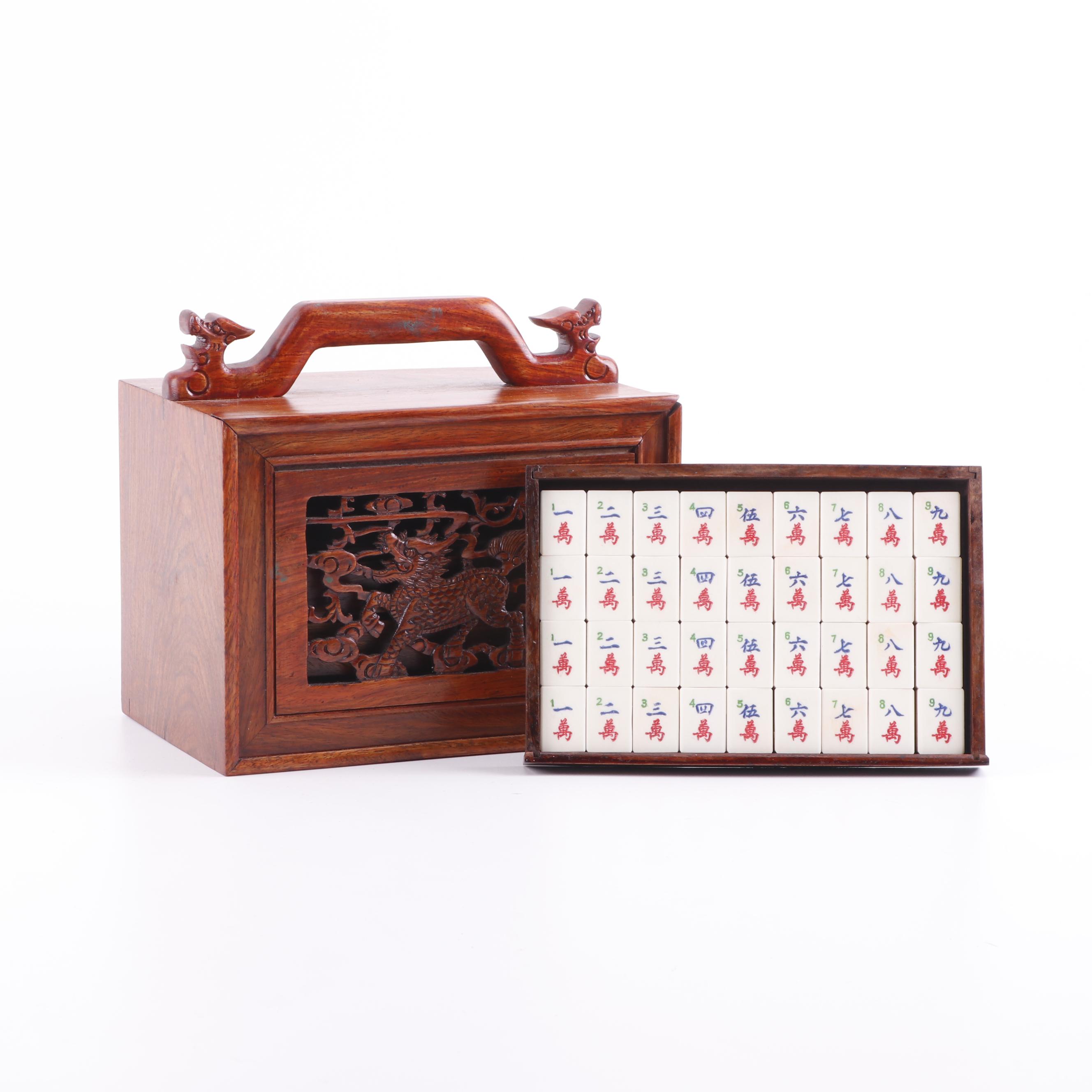 Mahjong Game Set in Carved Wooden Box with Dragon Motif