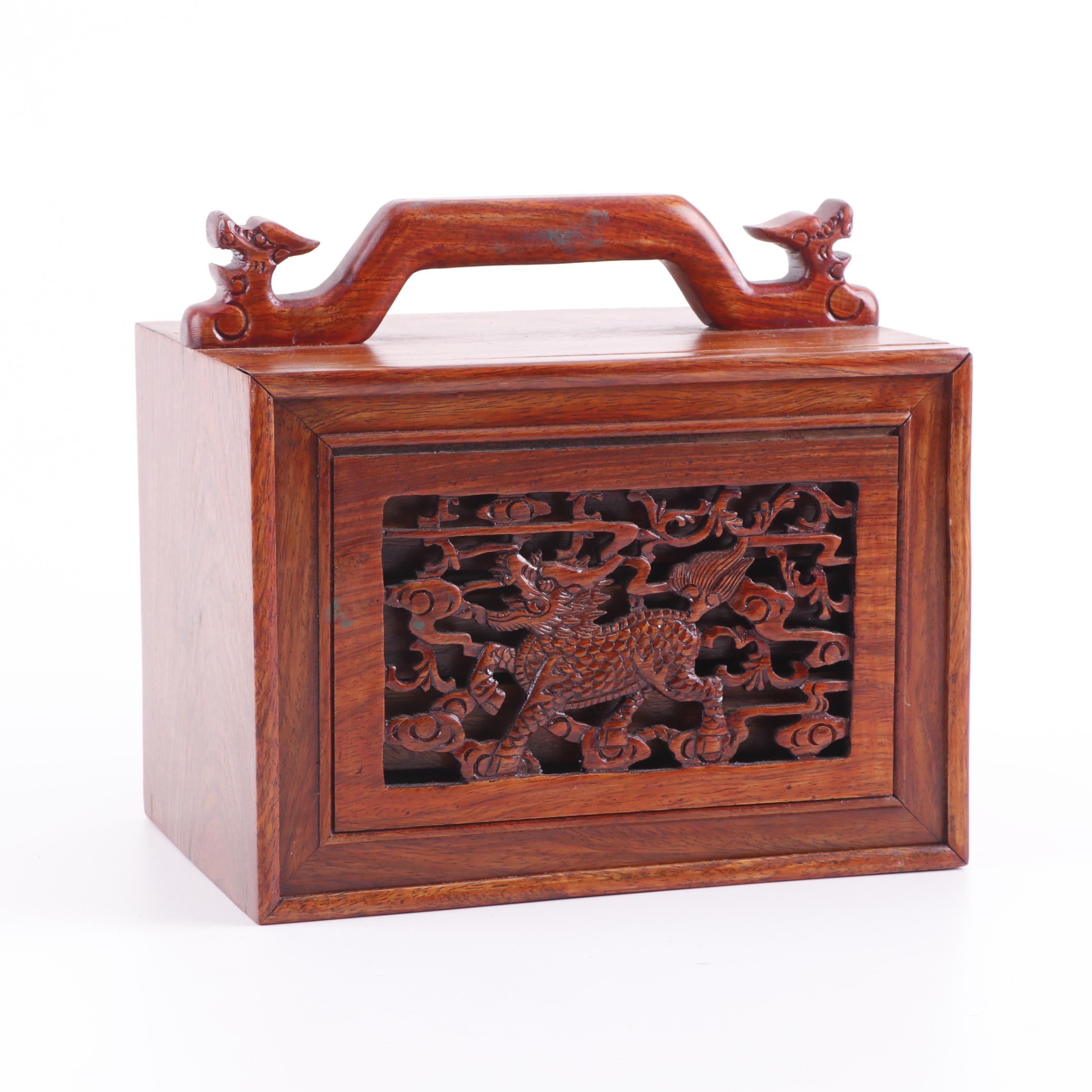 Mahjong Game Set in Carved Wooden Box with Dragon Motif