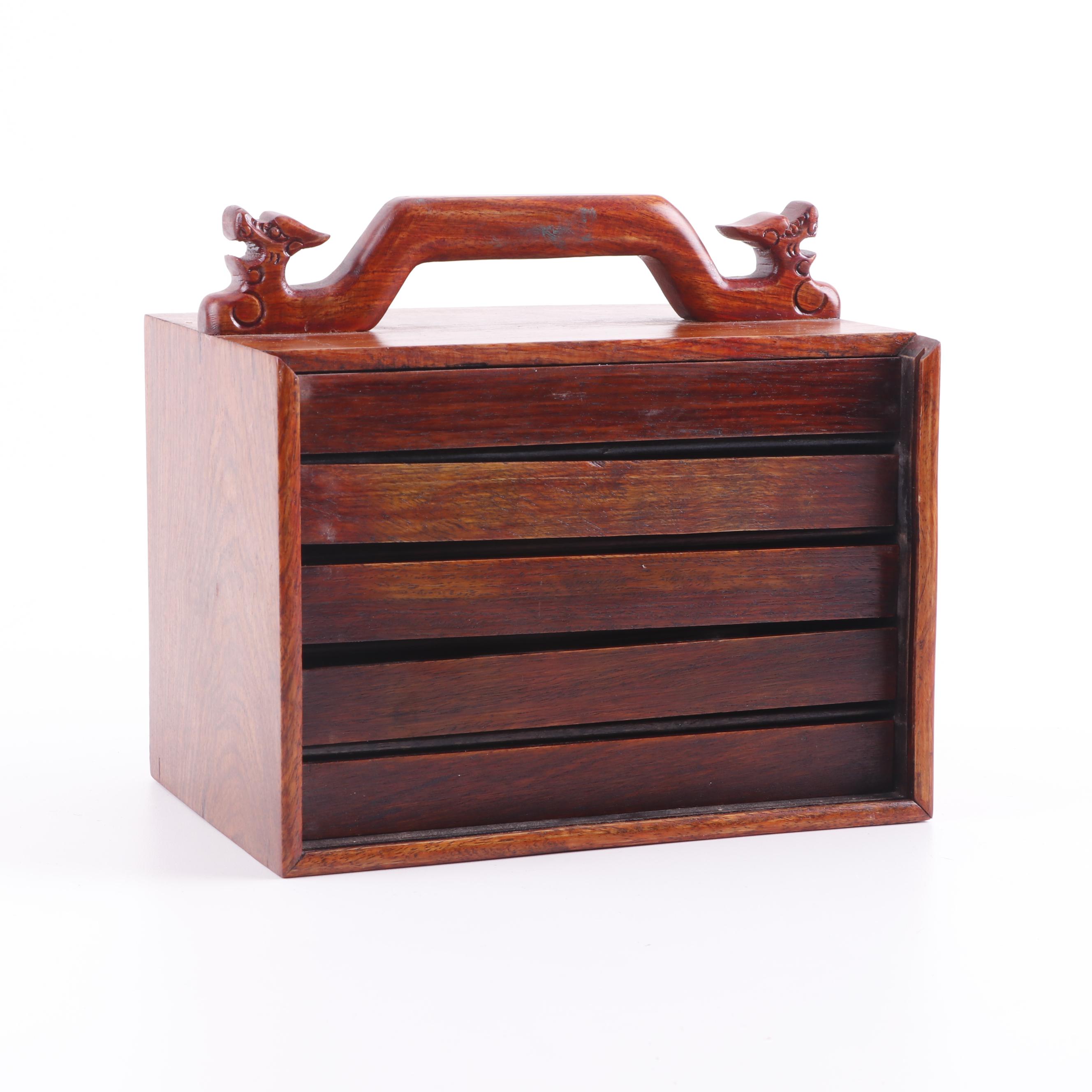 Mahjong Game Set in Carved Wooden Box with Dragon Motif