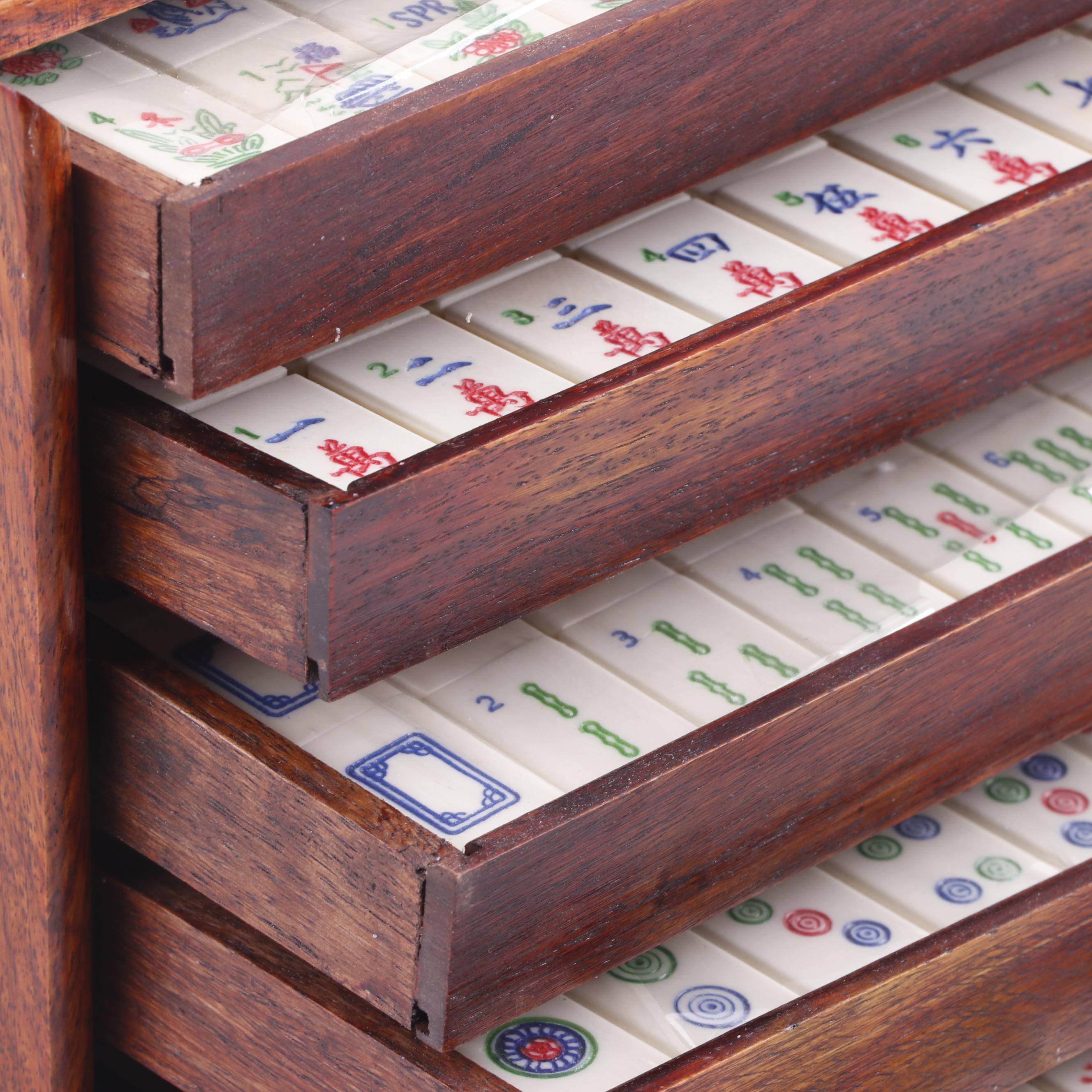 Mahjong Game Set in Carved Wooden Box with Dragon Motif