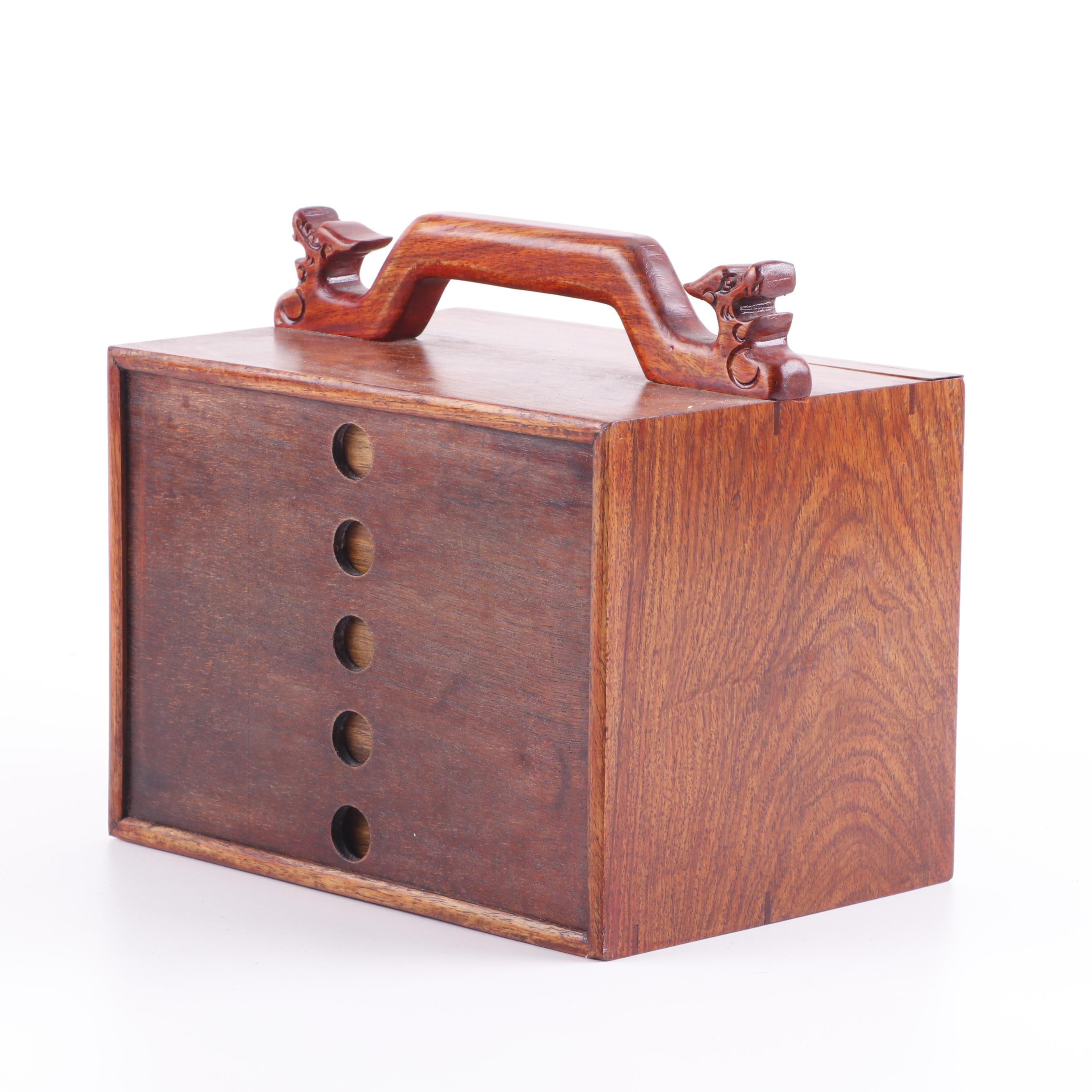 Mahjong Game Set in Carved Wooden Box with Dragon Motif