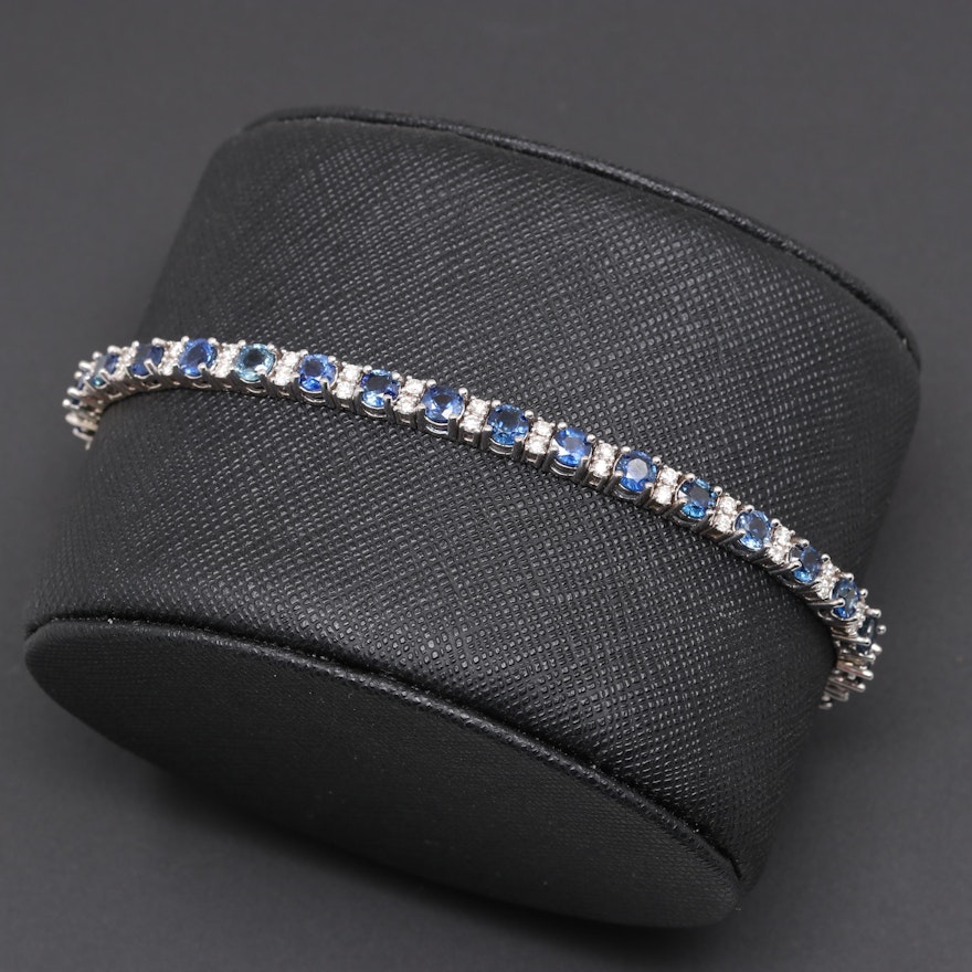 14K White Gold Blue Sapphire and 1.07 CTW Diamond Bracelet