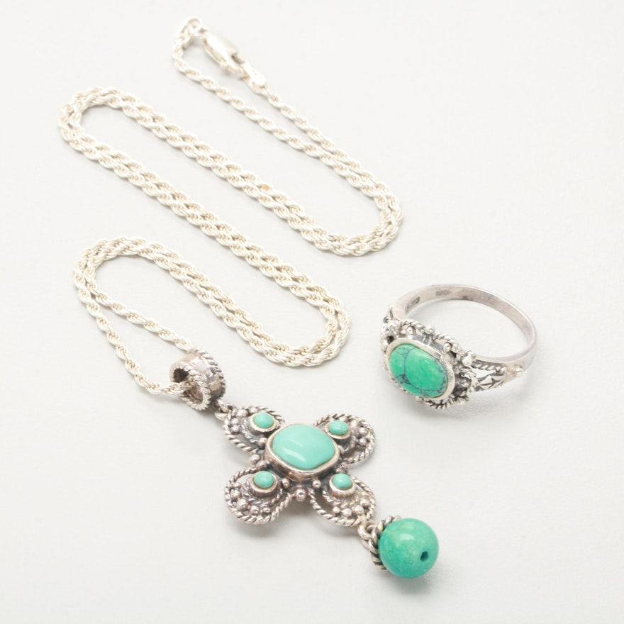 Sterling Silver Jewelry Selection Including Reconstructed Turquoise