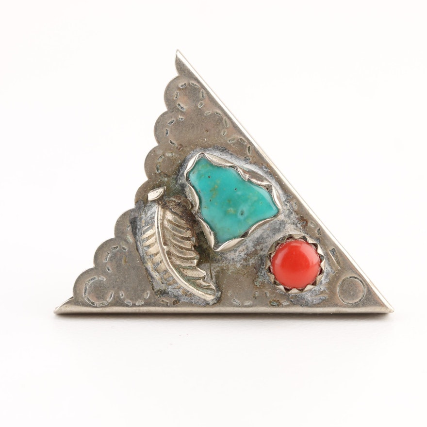 Southwestern Style Silver Tone Coral and Turquoise Feather Applique Collar Tip