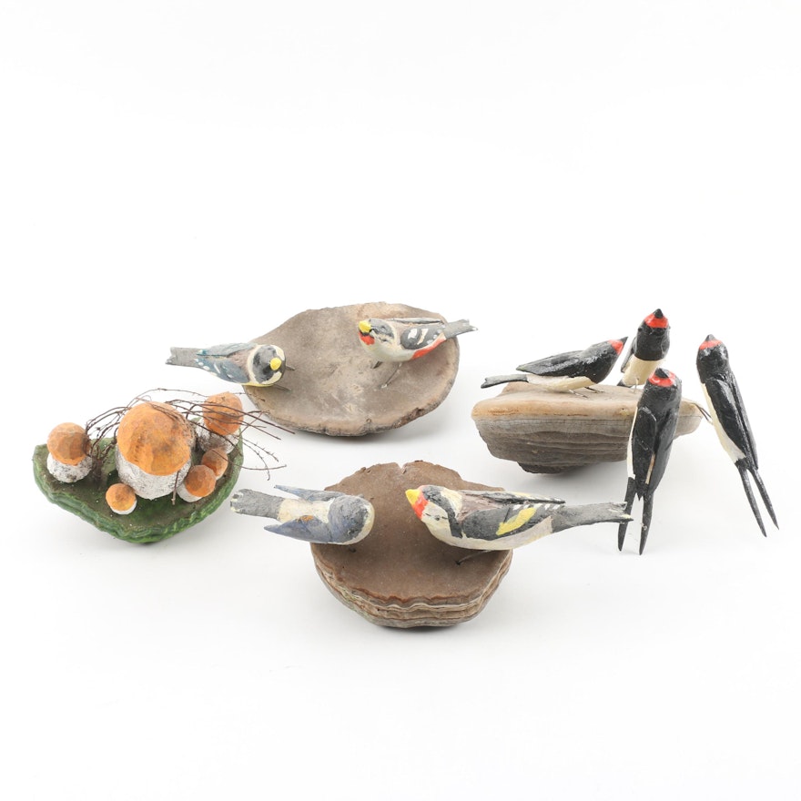 European Style Folk Art Bird and Mushroom Carvings