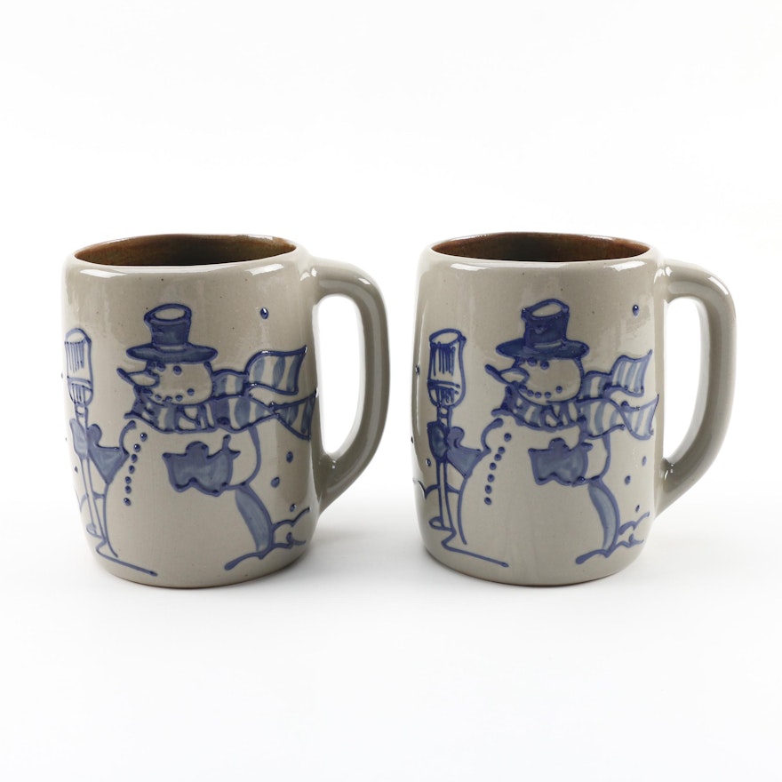 Beaumont Brothers Pottery Snowman Themed Salt Glazed Stoneware Mugs c. 1997