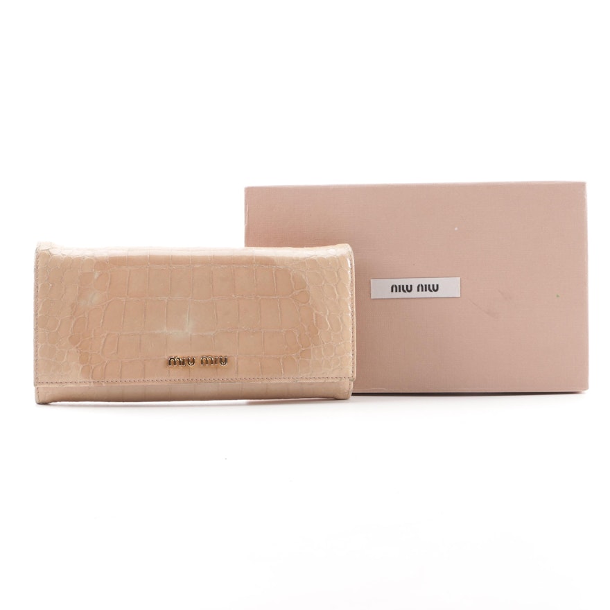 Miu Miu Crocodile Embossed Blush Patent Leather Long Wallet with Box