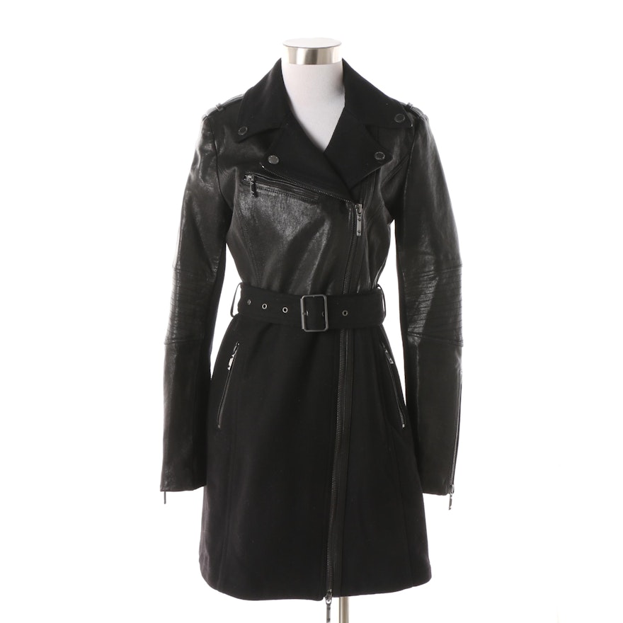 Women's BCBG Max Azria Black Leather and Wool Coat