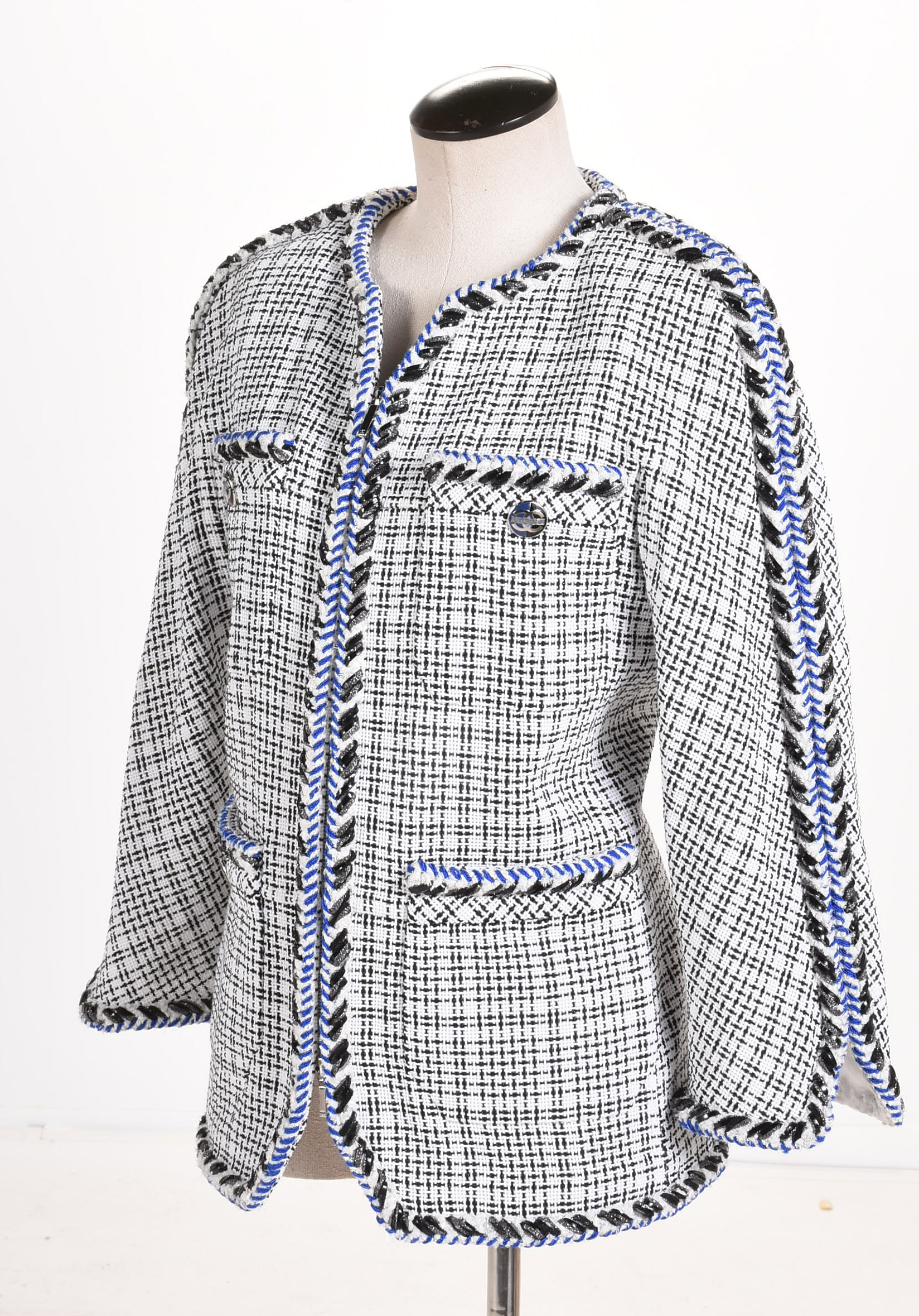 Women's Chanel Black and White Tweed Jacket with Blue Braided Trim