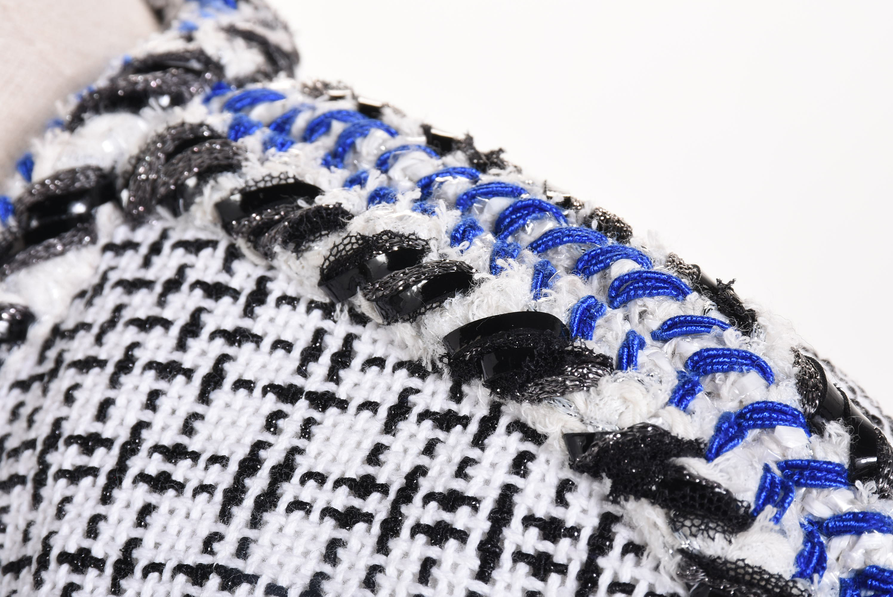 Women's Chanel Black and White Tweed Jacket with Blue Braided Trim