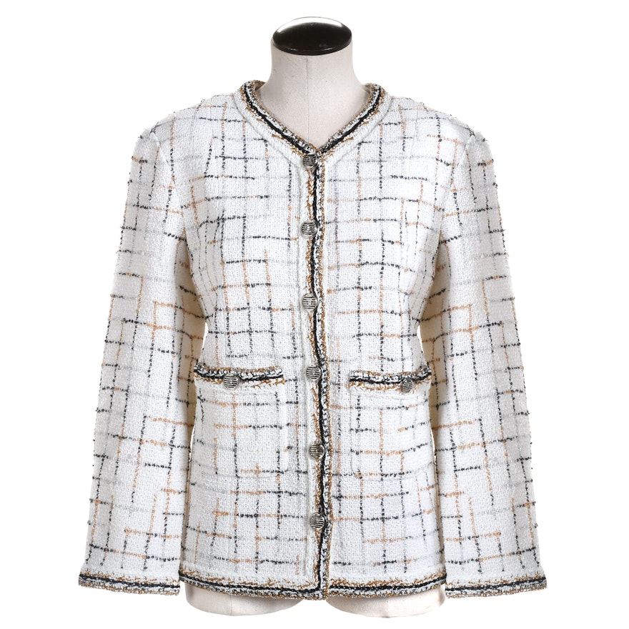 Chanel White Bouclé Jacket with Window Pane Pattern and Metallic Trim, France