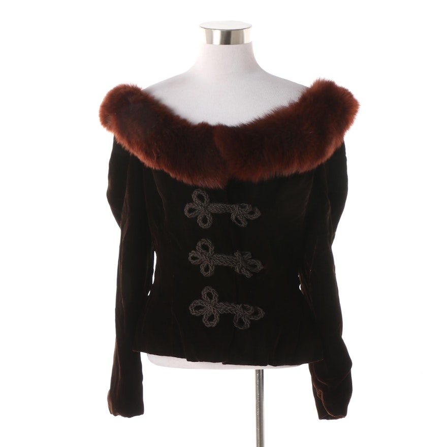 Victor Costa For Saks Fifth Avenue Brown Velvet Jacket with Fox Fur Collar