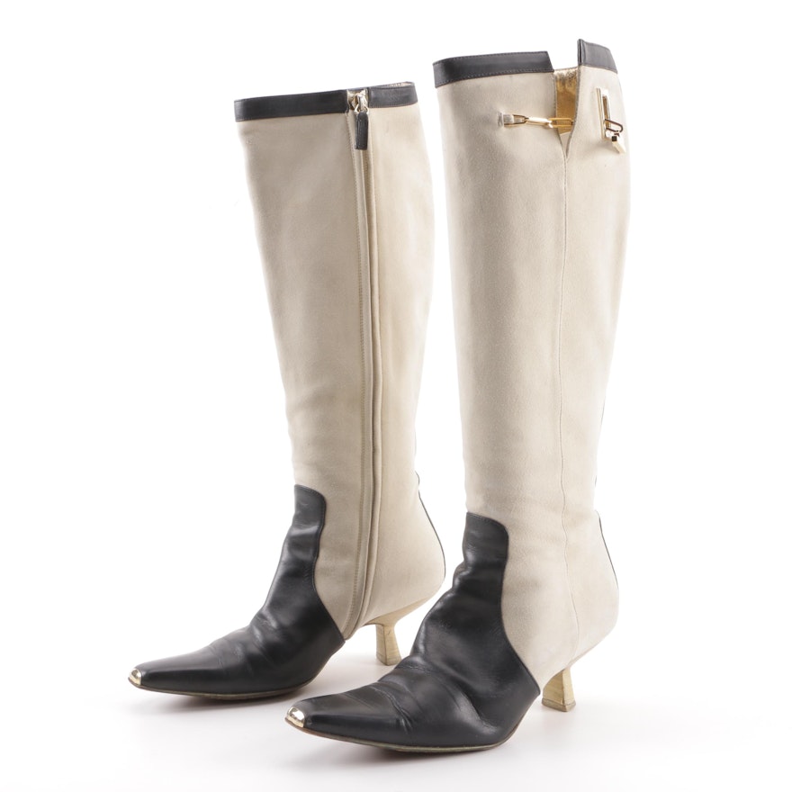 Gucci Cream Suede and Black Leather Color Block Boots