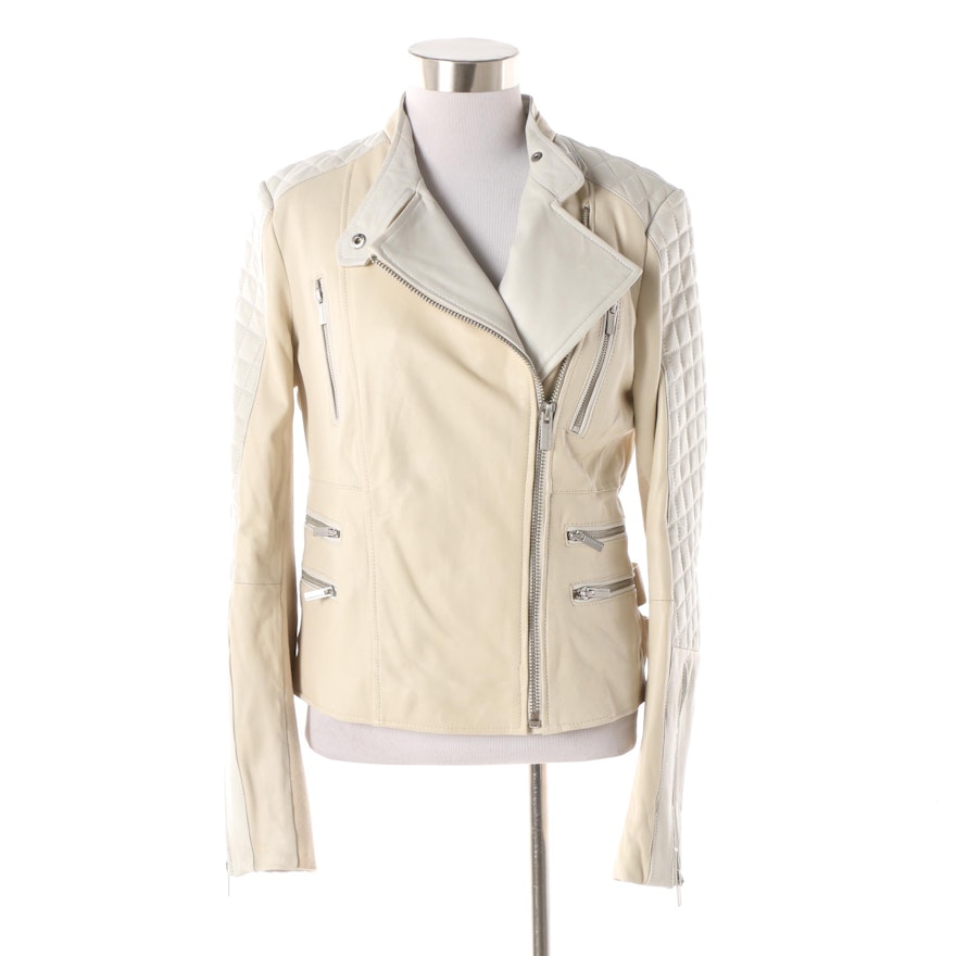 Women's BCBG Max Azria Two-Tone Quilted Cream Faux Leather Moto Jacket