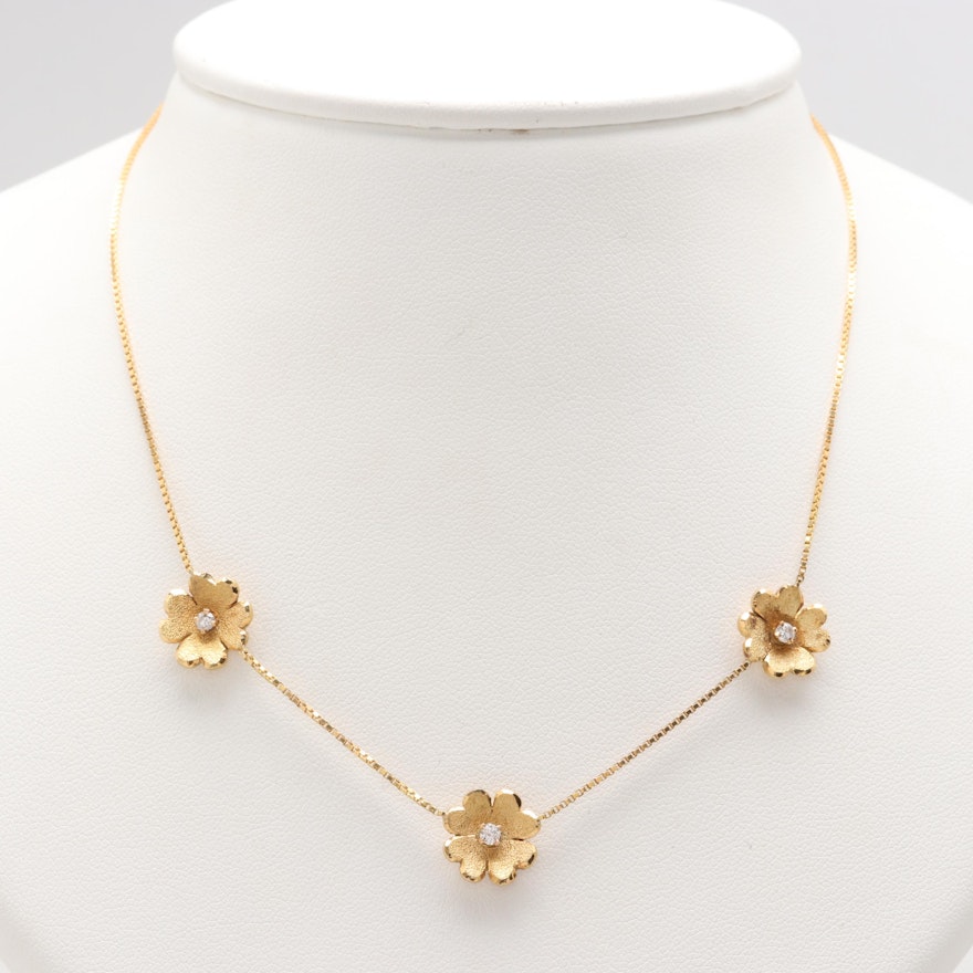 18K Yellow Gold Diamond Floral Motif Station Necklace