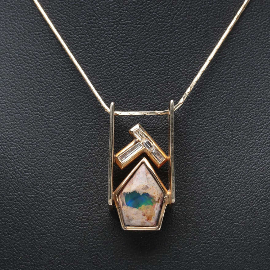 14K Yellow Gold Boulder Opal and Diamond Necklace