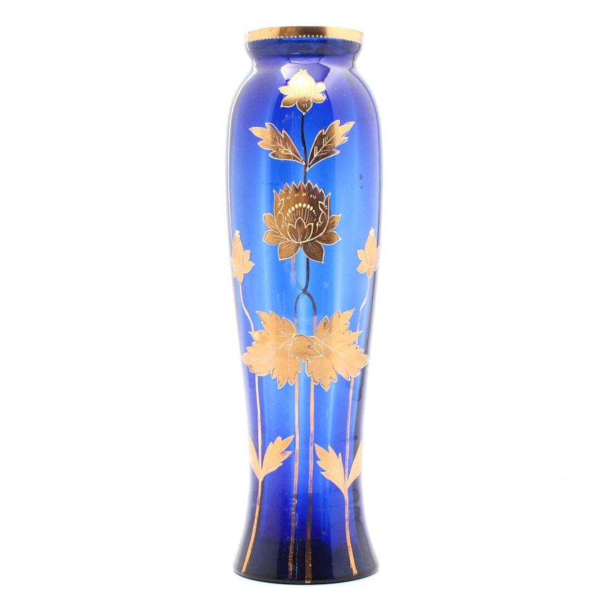 Art Nouveau Style Hand-Enameled Gilt and Cobalt Glass Vase