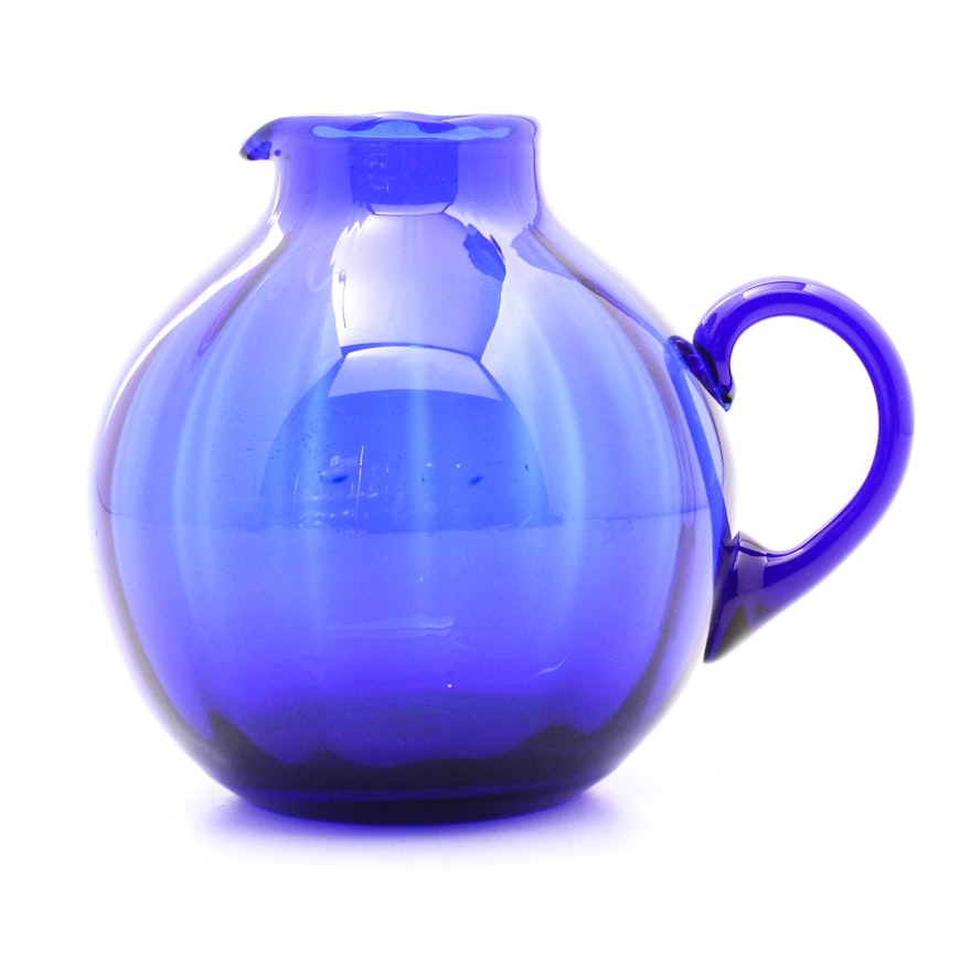 Mid-Century German Regenhütte Cobalt Blue Glass Ball Pitcher